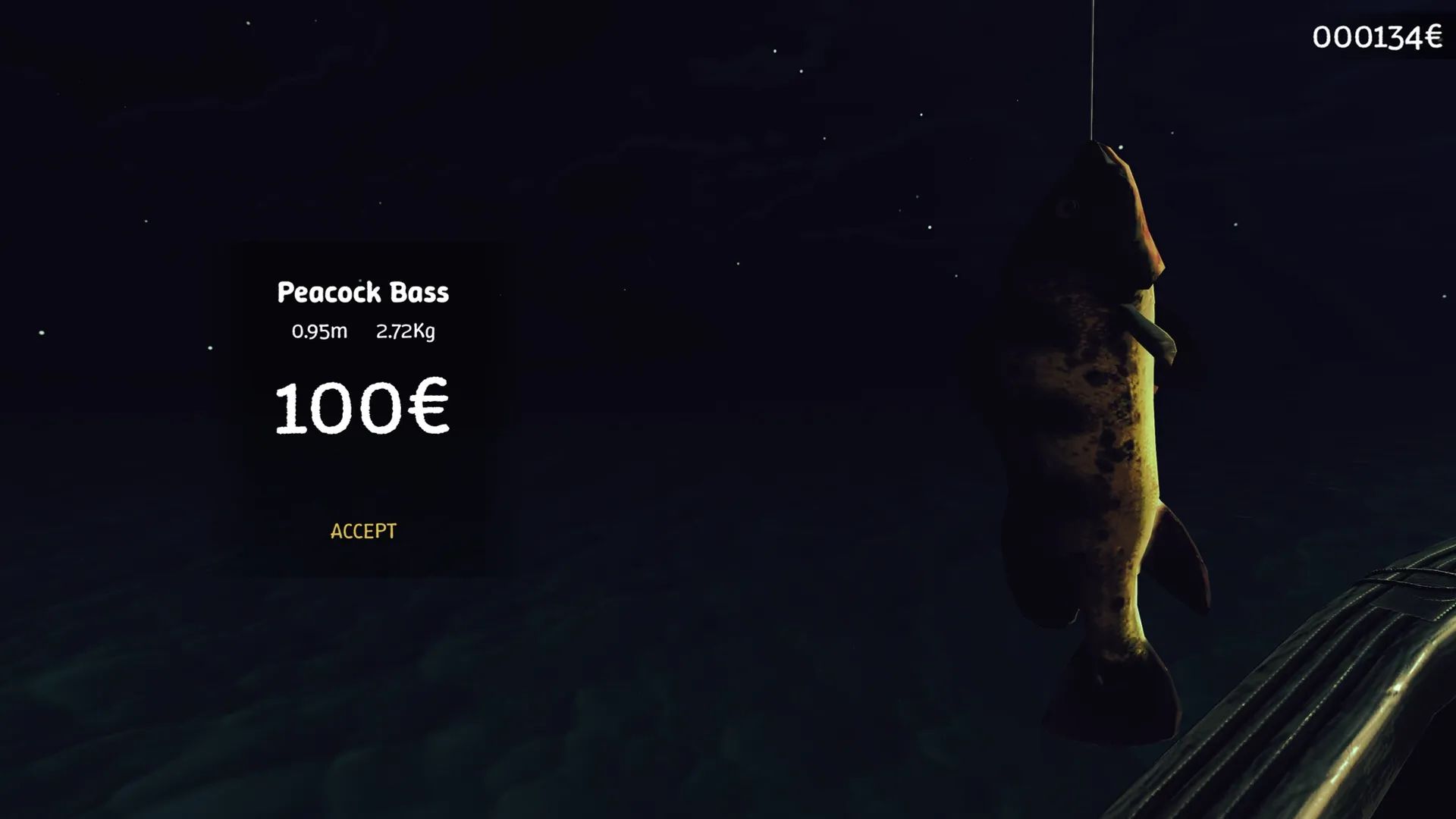 Loan Shark: Caught Peacock Bass at night, showing size, weight, and price on dark waters.