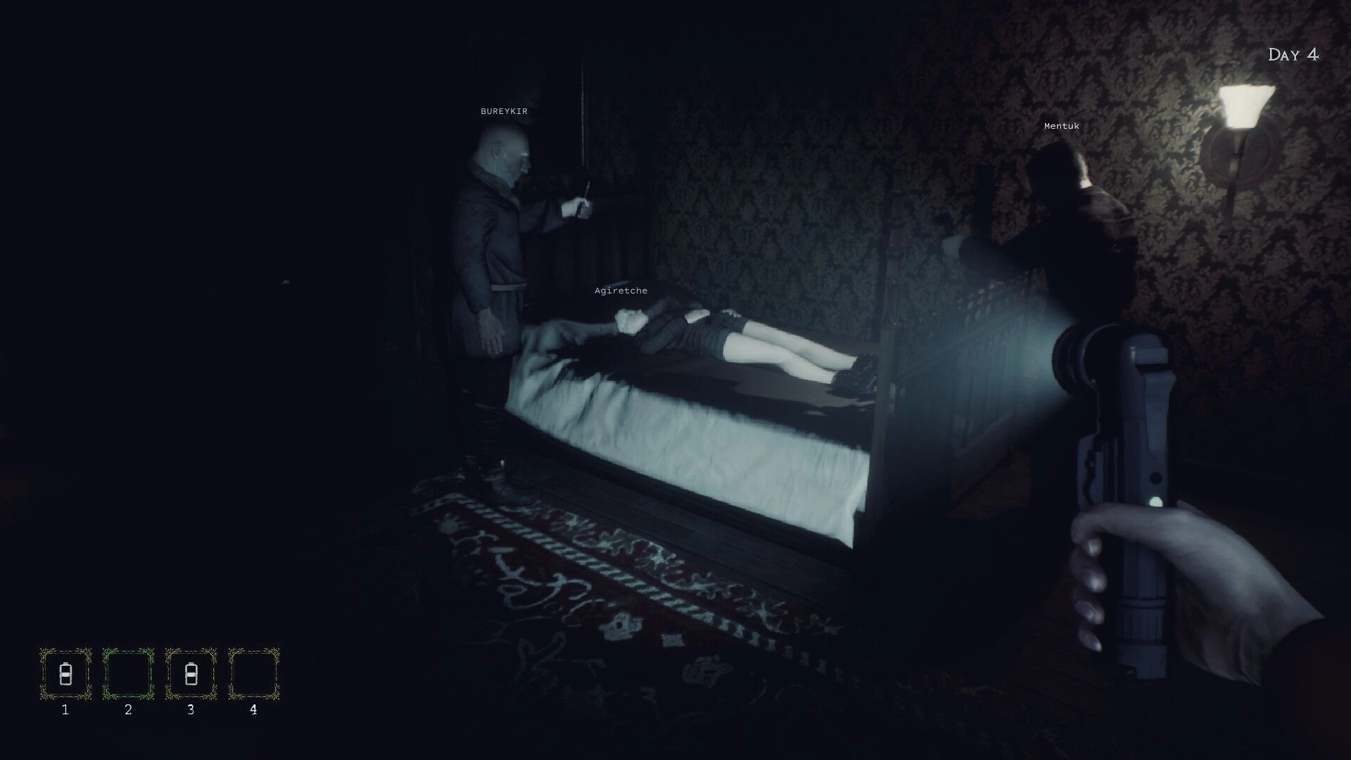 LockYourDoor: Three characters investigate a dimly lit room with flashlight on Day 4 of survival horror game.