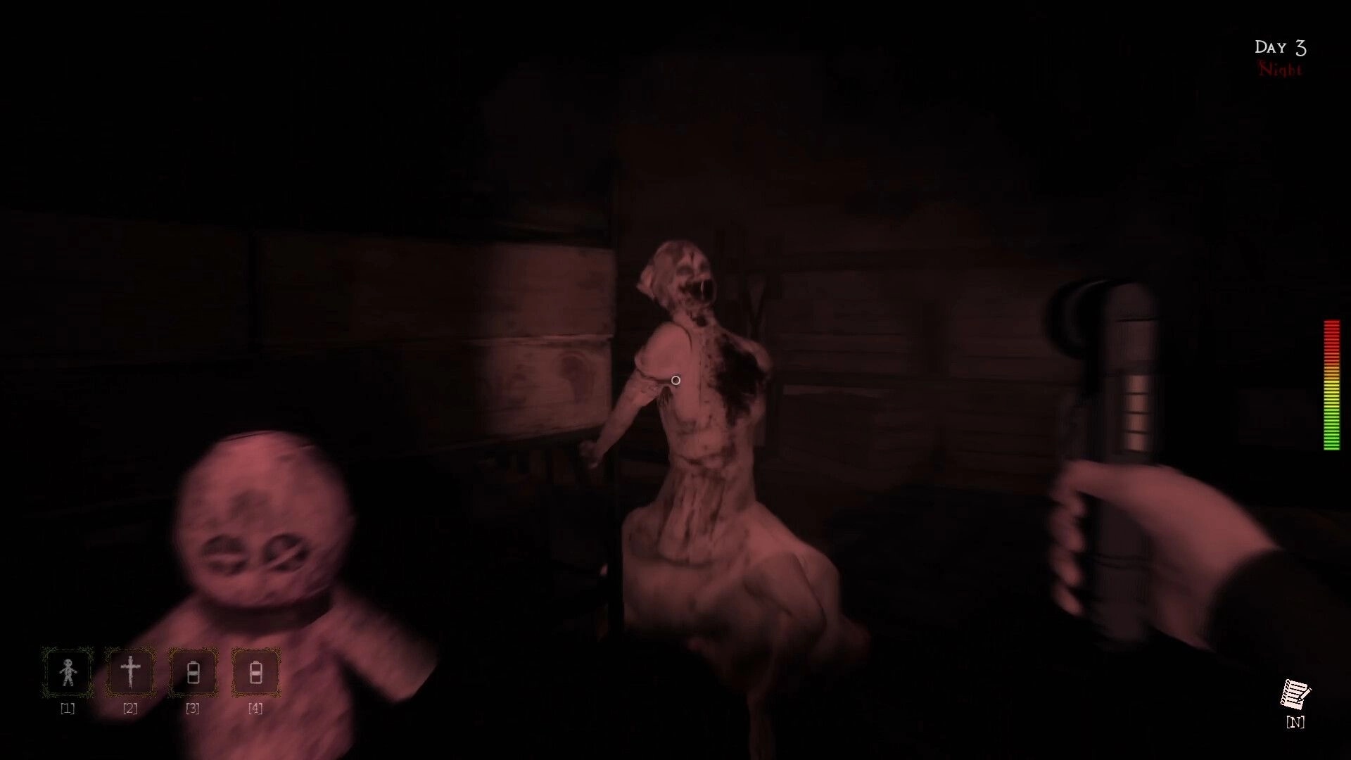 LockYourDoor: Player confronts ghostly figure in dark room with flashlight and health bar visible