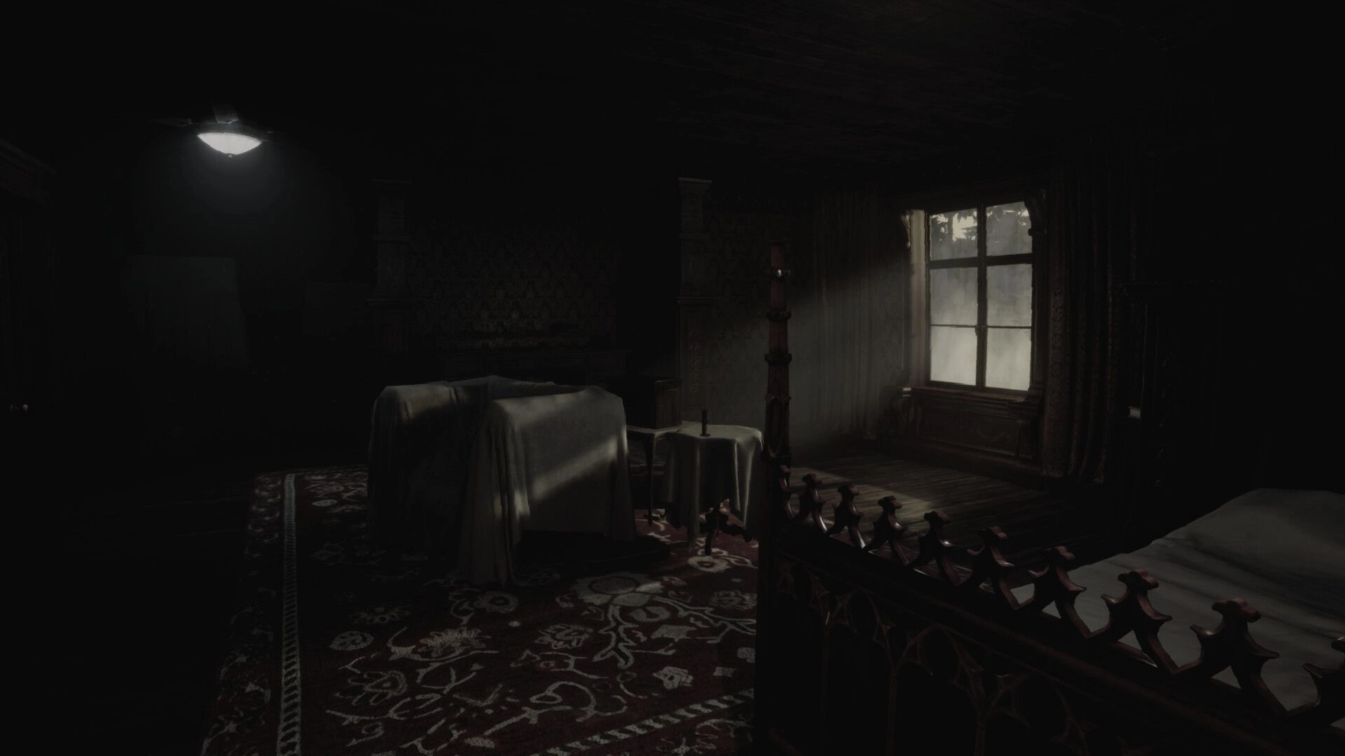 LockYourDoor: Dimly lit abandoned room with covered furniture and eerie window light filtering in