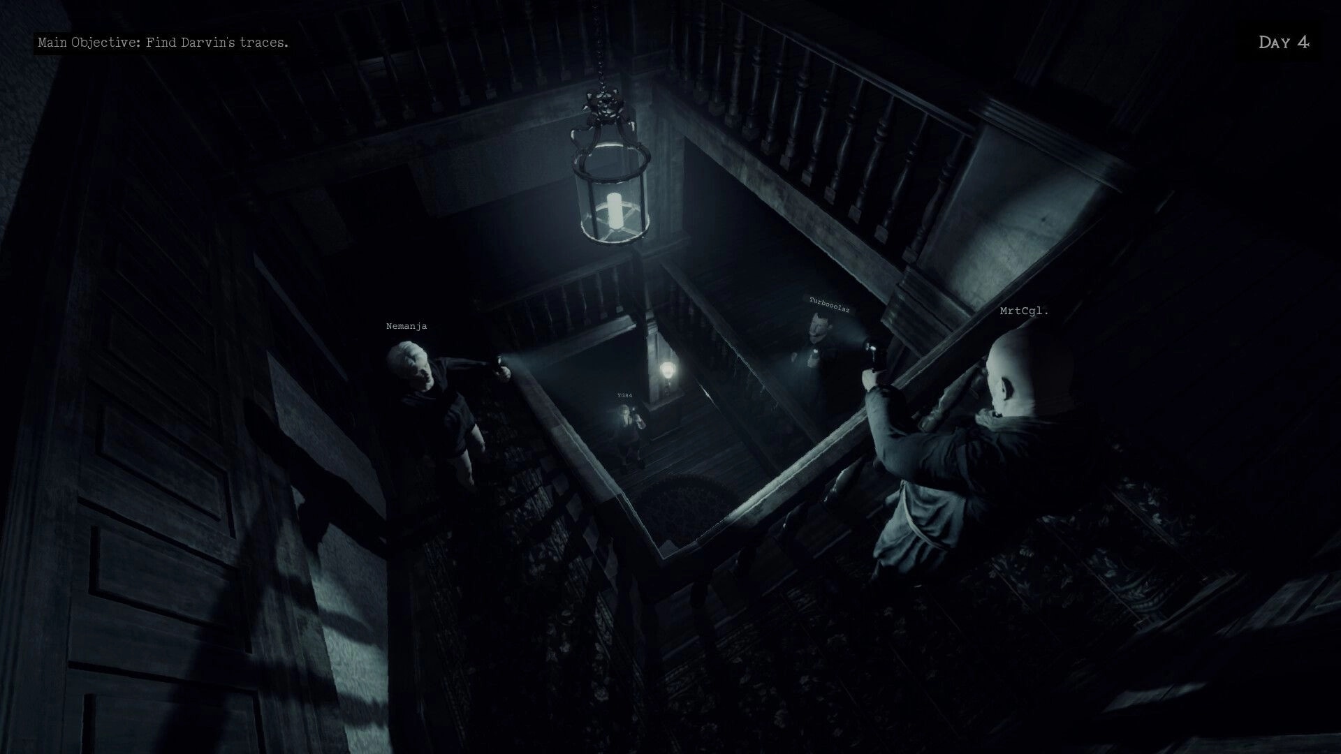 LockYourDoor: Four players search a dimly lit staircase with flashlights, pursuing main objective on Day 4.