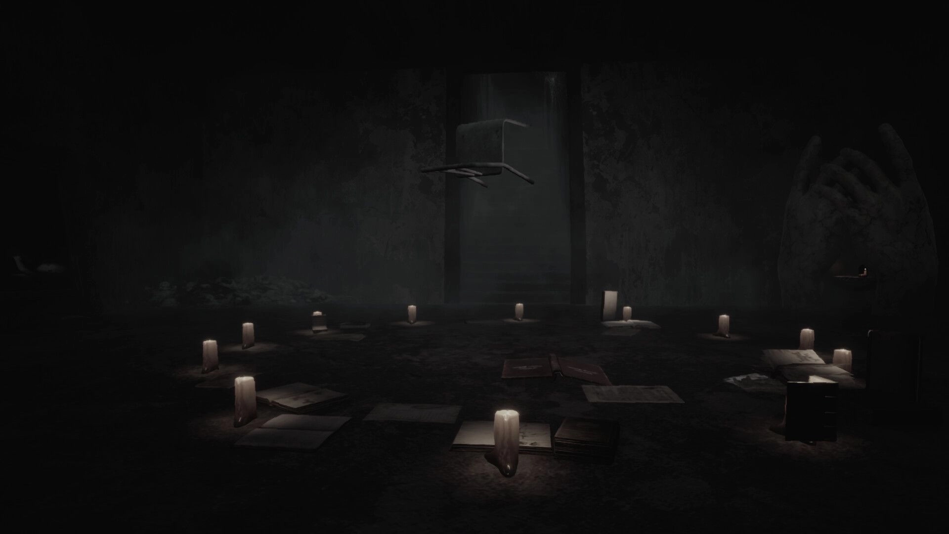 LockYourDoor: Dimly lit room with candles in a circle and a floating chair in the center, eerie atmosphere