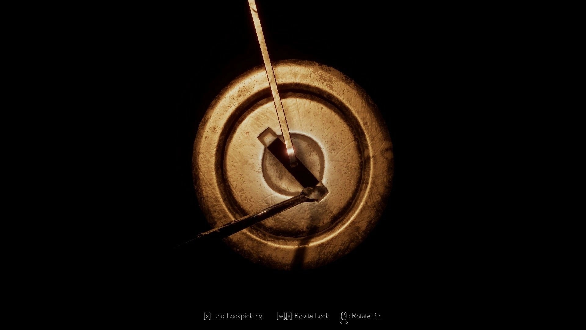 LockYourDoor: Lockpicking interface with tools inside a dimly lit keyhole, UI controls at the bottom.