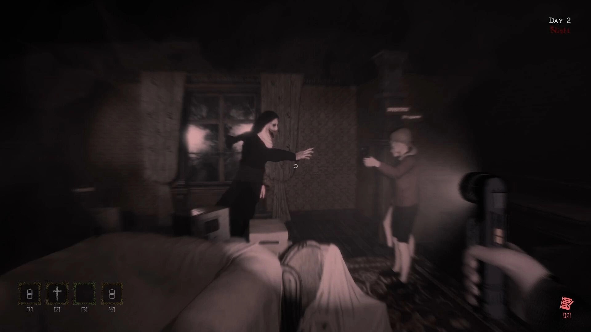 LockYourDoor: Player with flashlight confronts eerie figure in dark, cluttered room, UI elements visible.