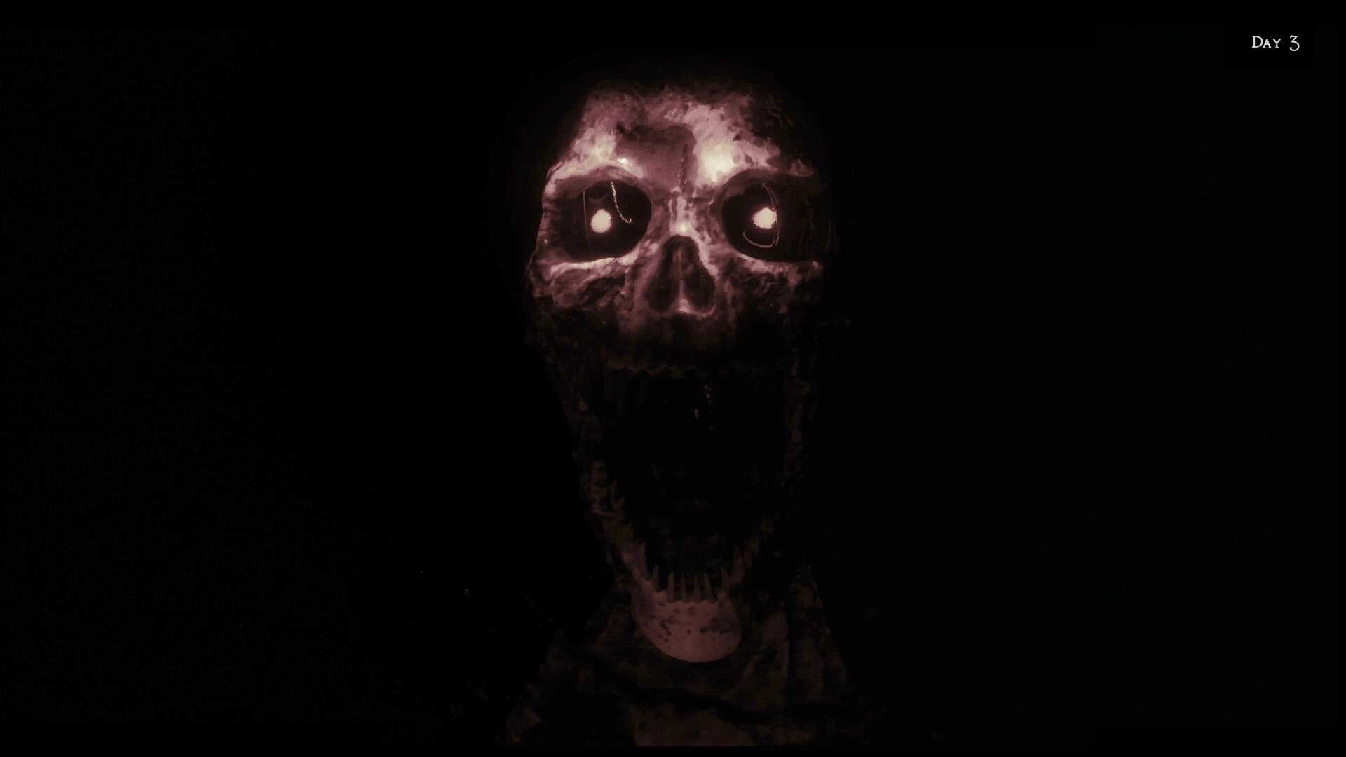 LockYourDoor: Eerie skull with glowing eyes emerges in darkness, Day 3 displayed in upper corner.