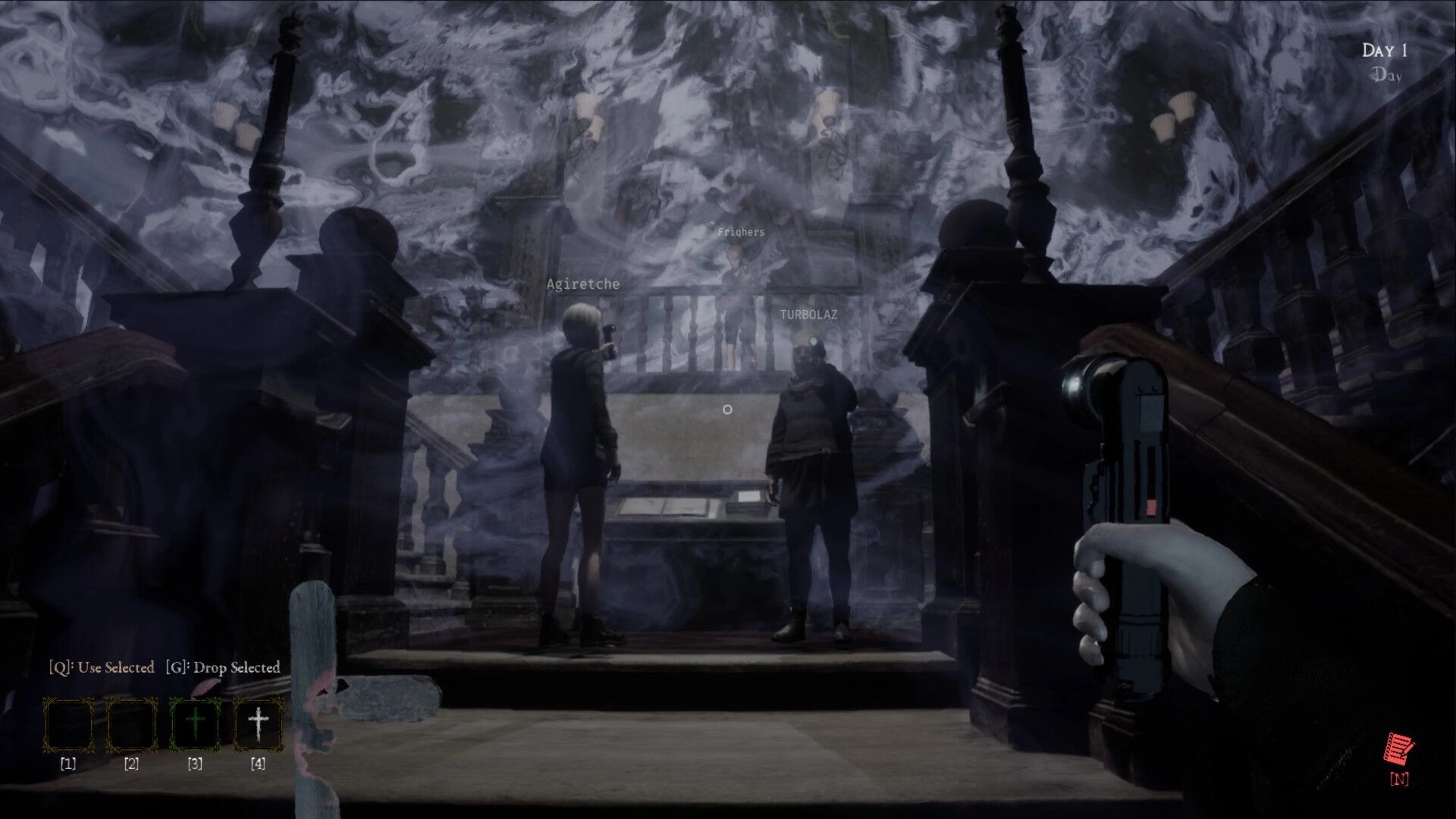 LockYourDoor: Agiretche and Turbolaz exploring eerie mansion interior with flashlight and inventory UI visible