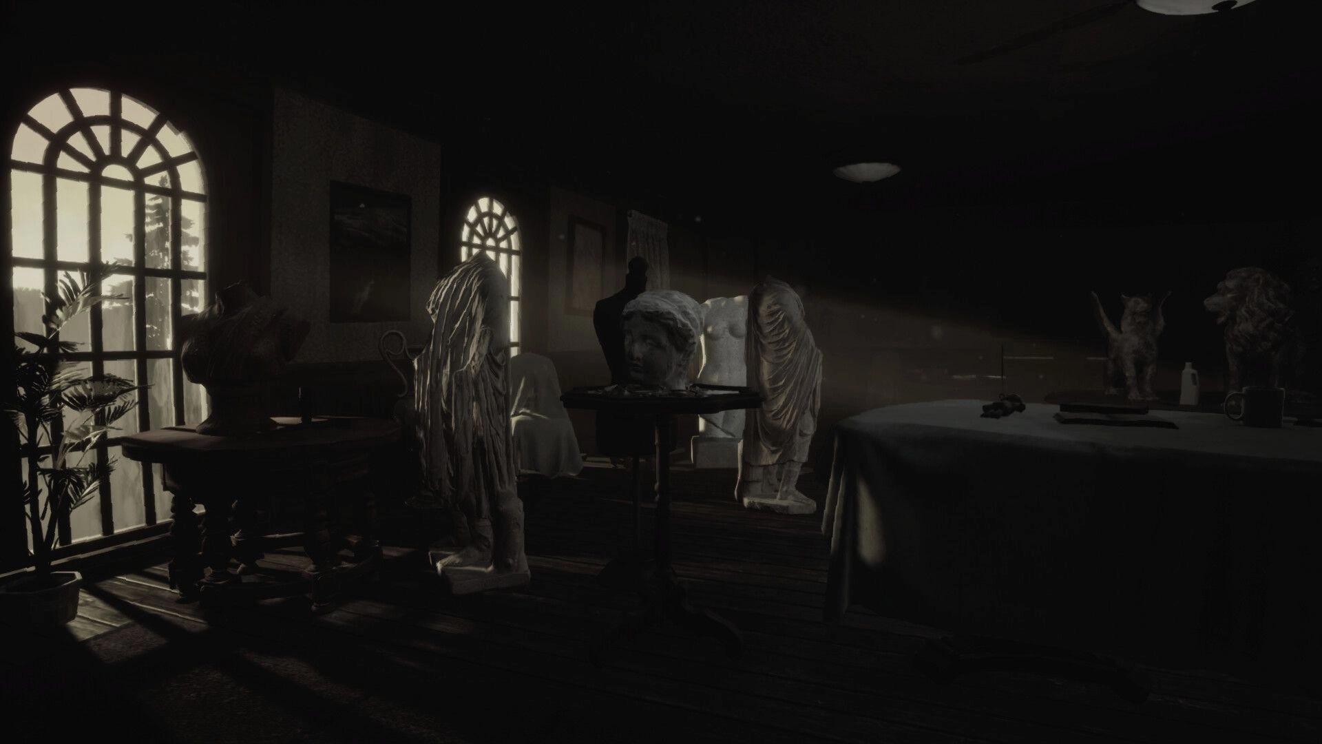 LockYourDoor: Dimly lit room filled with eerie sculptures and a table under soft window light