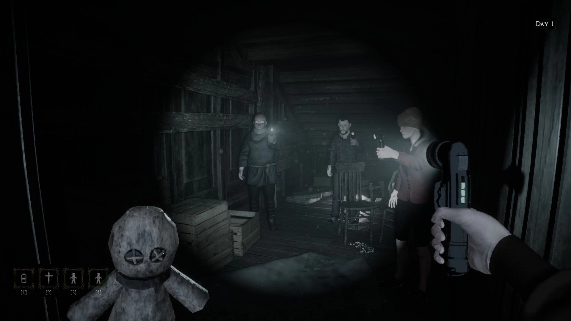LockYourDoor: Four players explore a dimly lit cabin, holding flashlights and a creepy doll in view.
