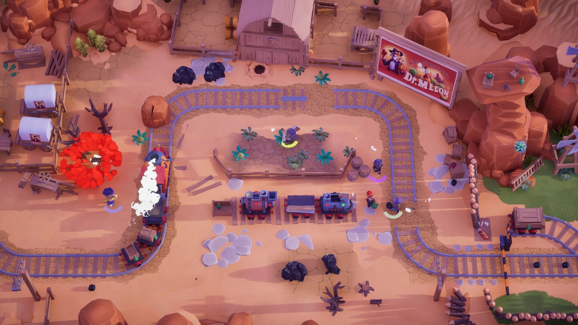 Loco: Players run beside a steaming train and workstations on looping tracks in a desert canyon town.