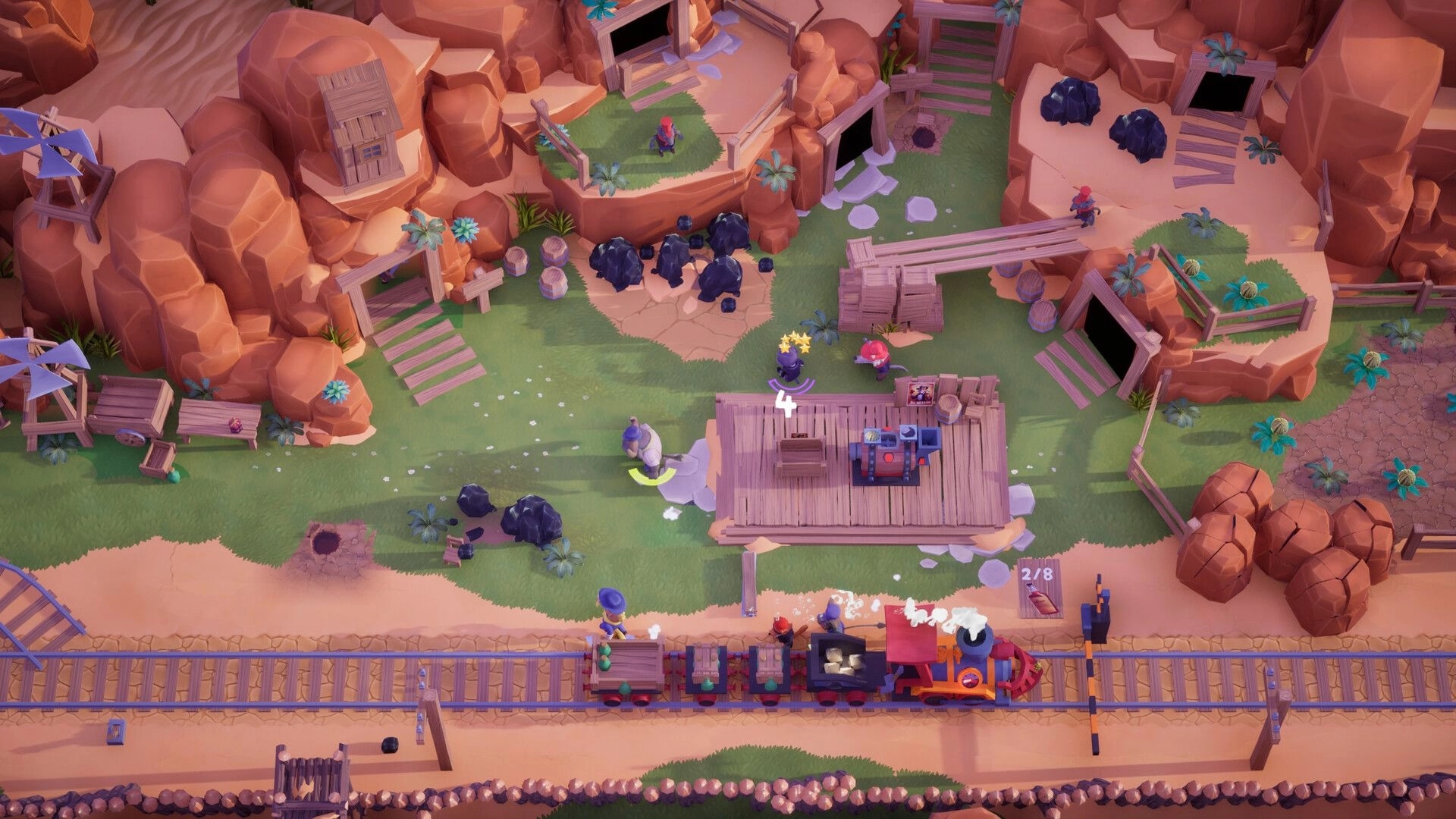 Loco: Four players defend a moving train and gather coal in a canyon mine with wooden bridges and rocks.