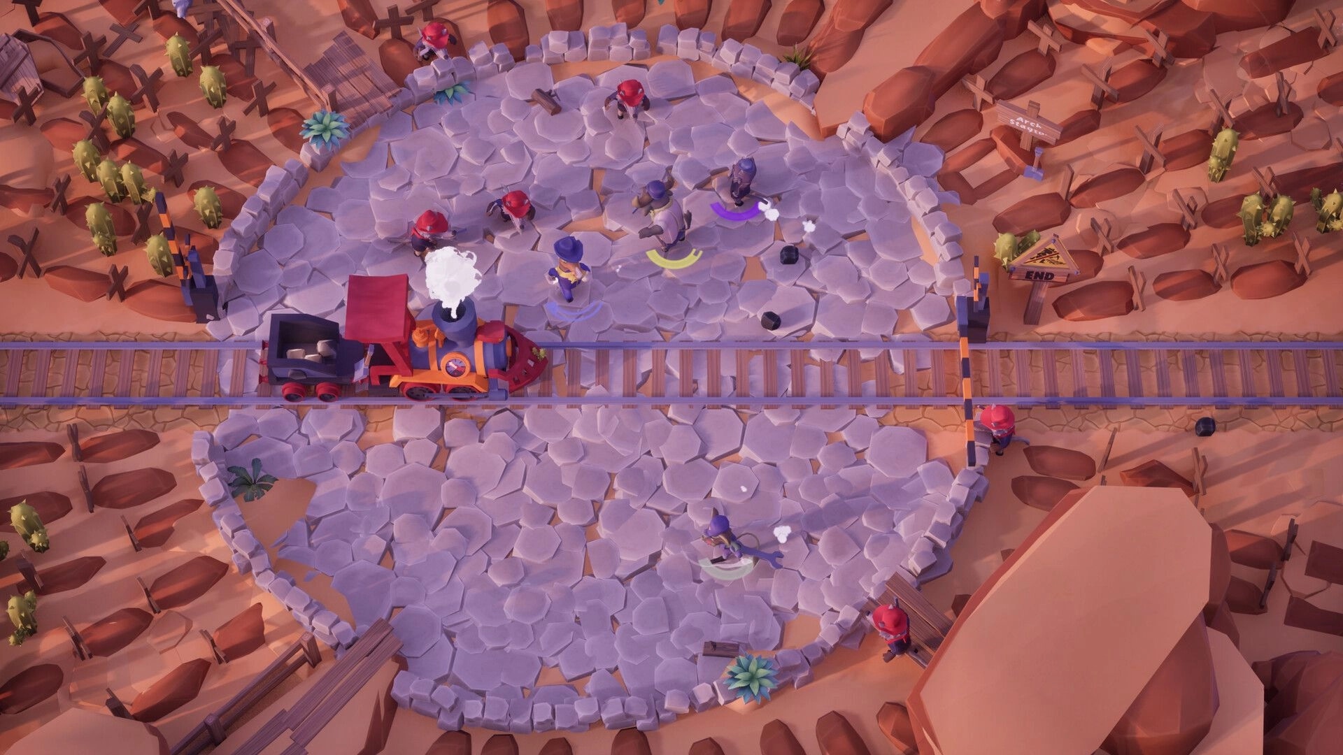 Loco: Players brawl with bandits beside a steaming train on tracks in a rocky canyon arena.