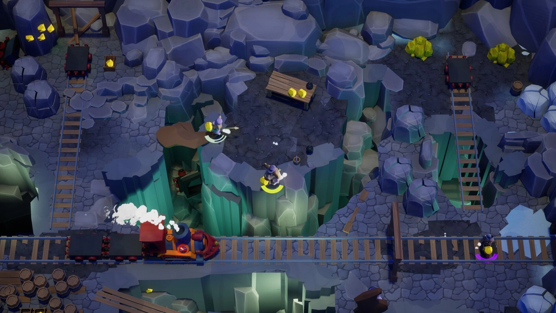 Loco: Three players carry gold near a moving train on rails through a rocky mine cavern level.