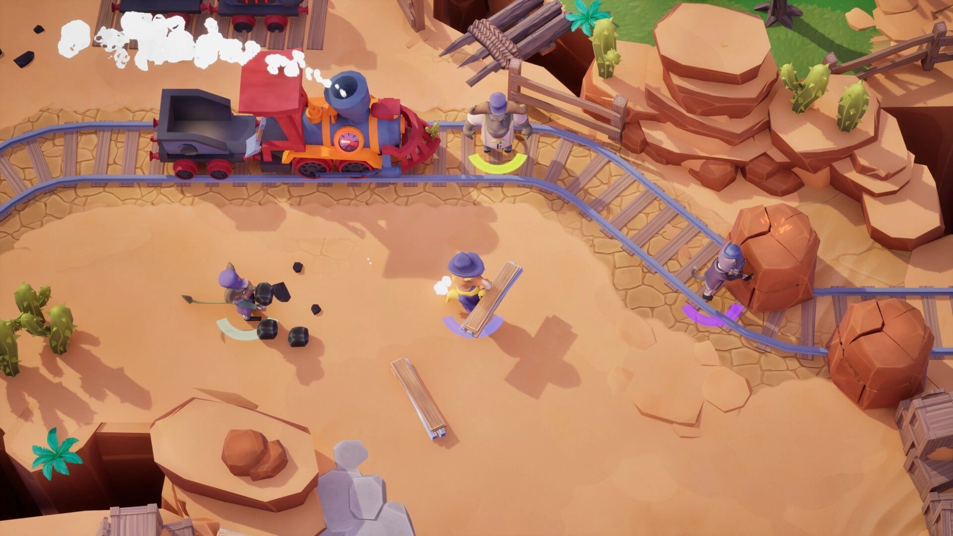 Loco: Players clear boulders and carry planks as a train rounds tracks through a desert canyon.