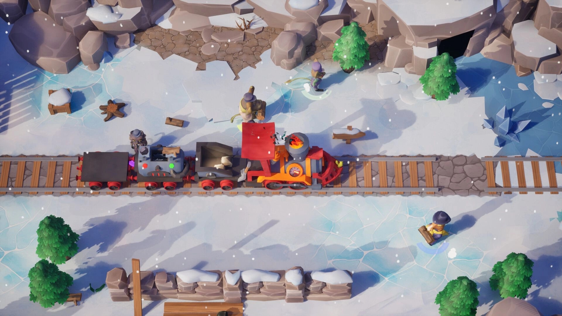 Loco: Players load logs by a red steam train on snowy tracks beside icy ponds and pine trees.