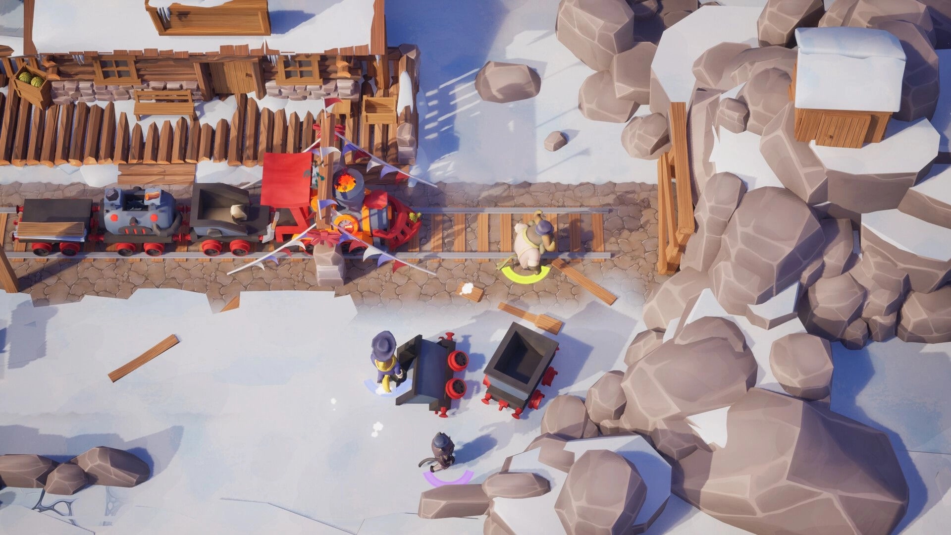Loco: Players repair rails beside a stalled red train in a snowy canyon with rocks and wooden walls.