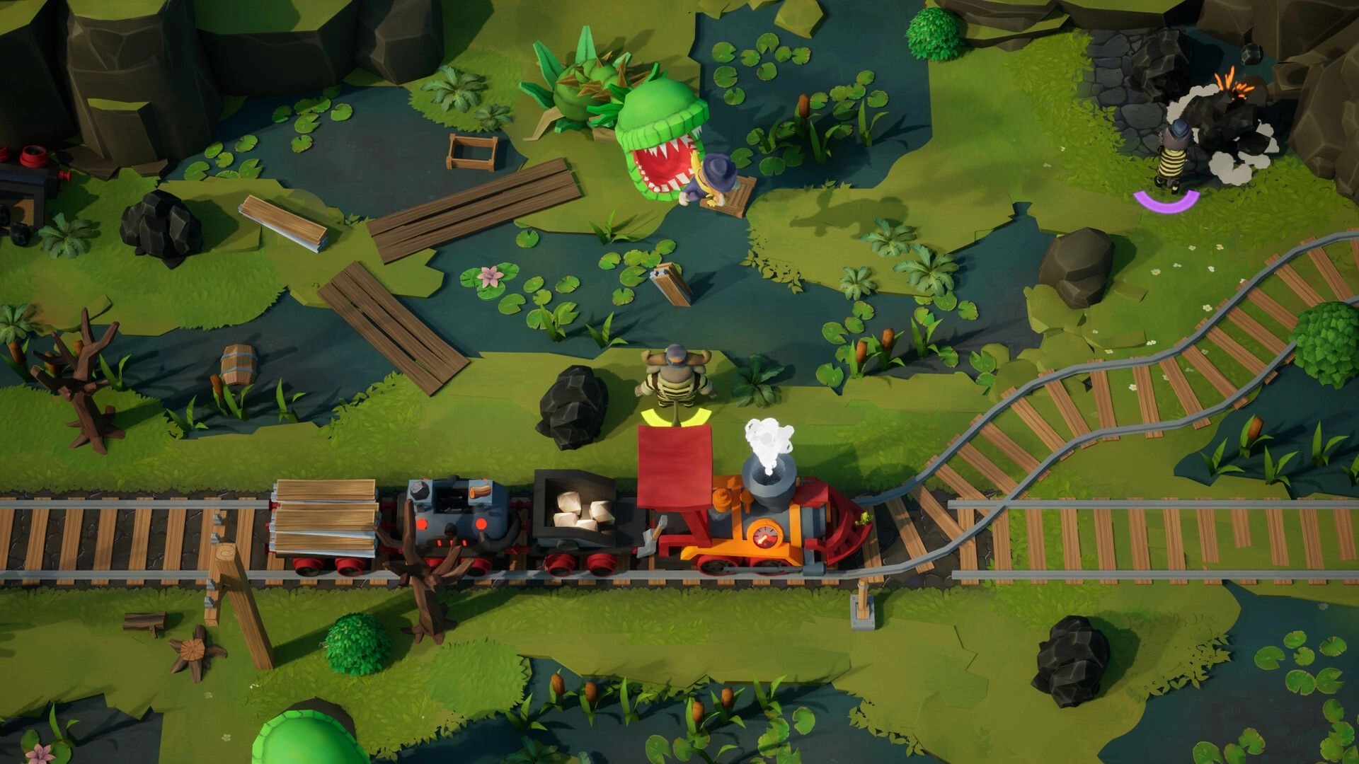 Loco: Players build track by a swamp as a train rolls past and a giant plant snaps nearby.