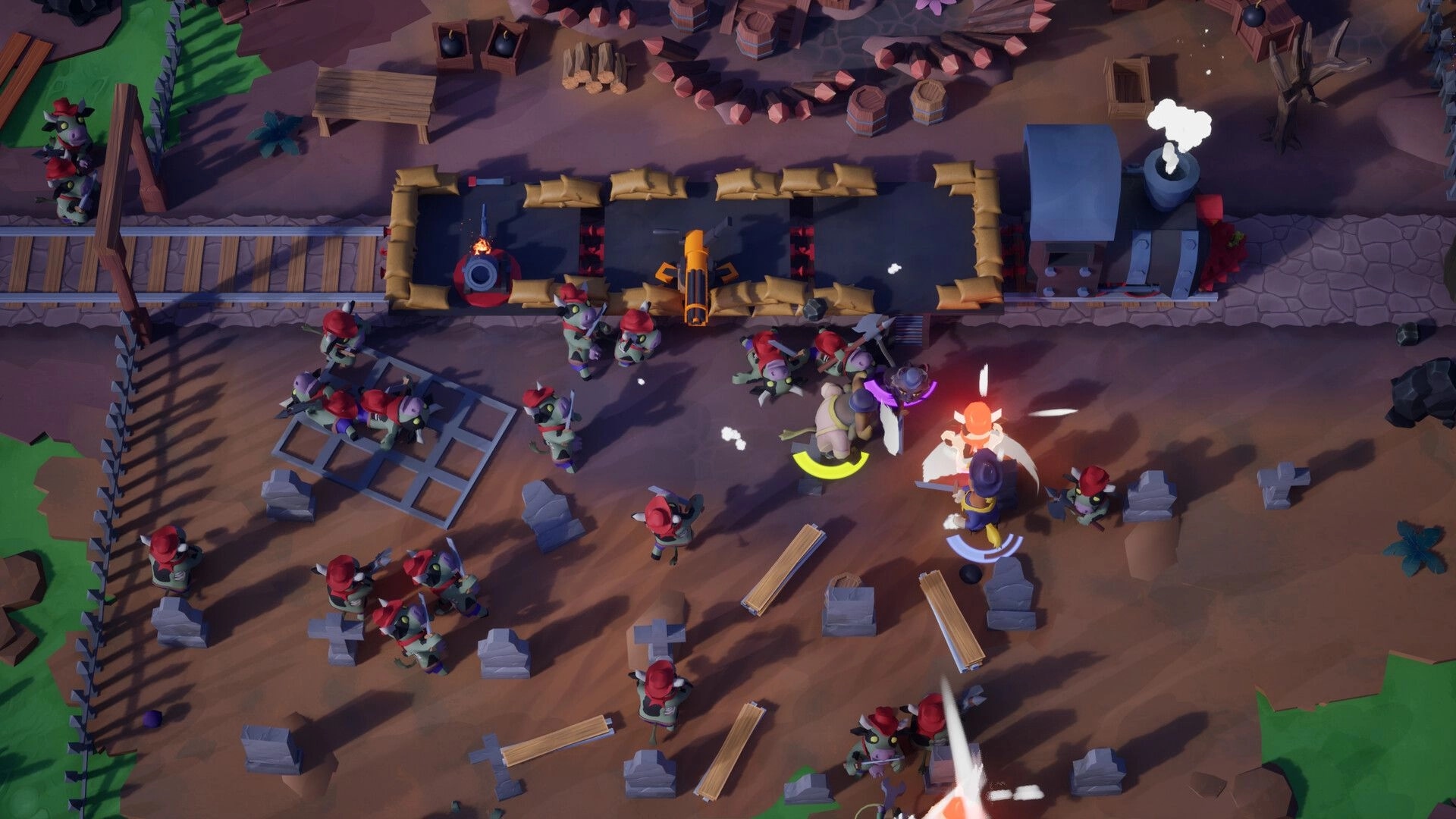 Loco: Players fight bandit mobs beside a sandbagged train car on dusty tracks with debris scattered.