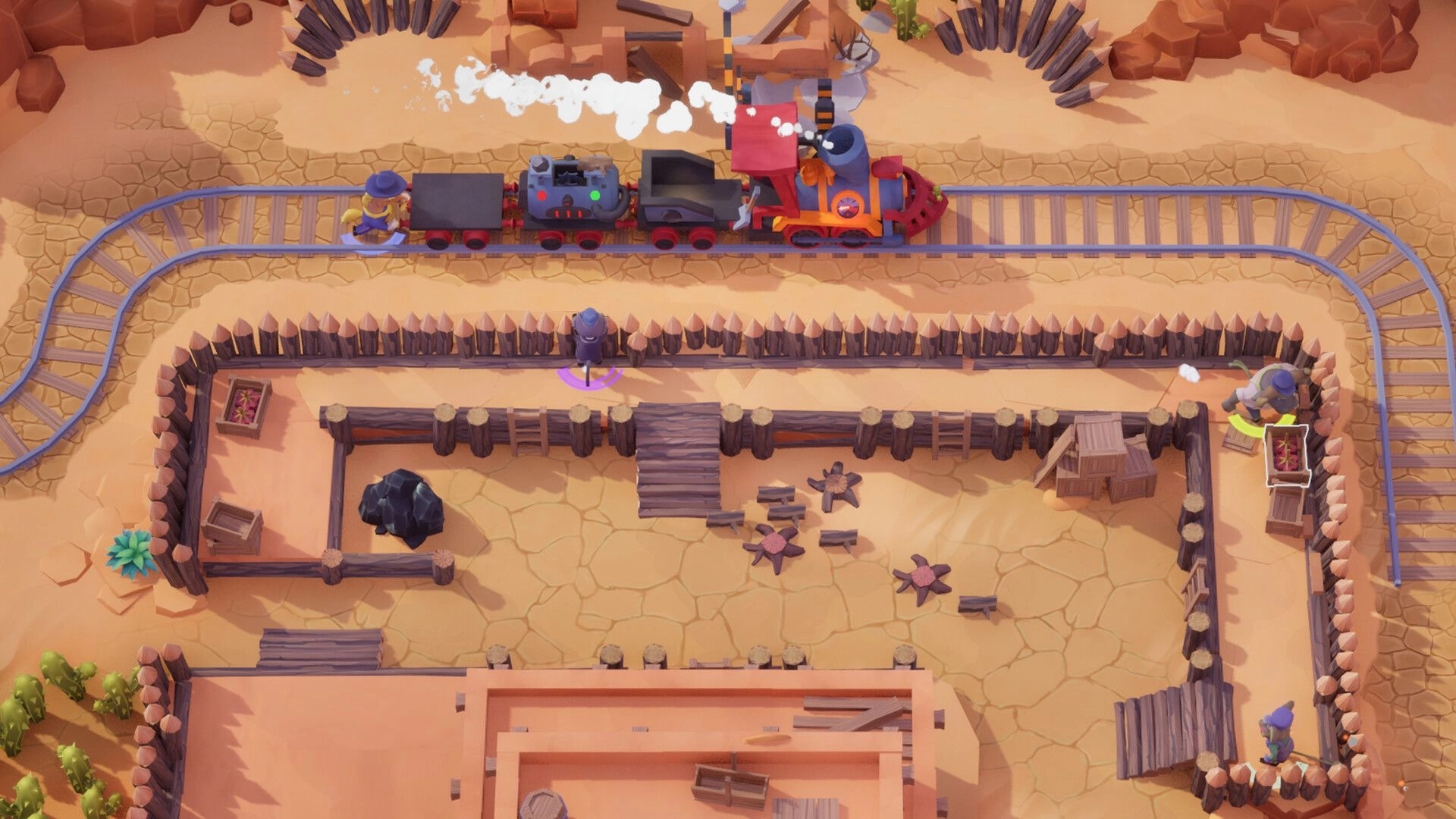 Loco: Steam train passes fenced desert yard as players haul crates and guard the track bend.