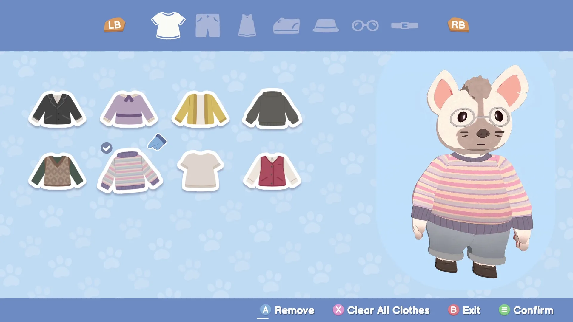 Locomoto: Character customization screen with a mouse character trying on different colorful sweaters