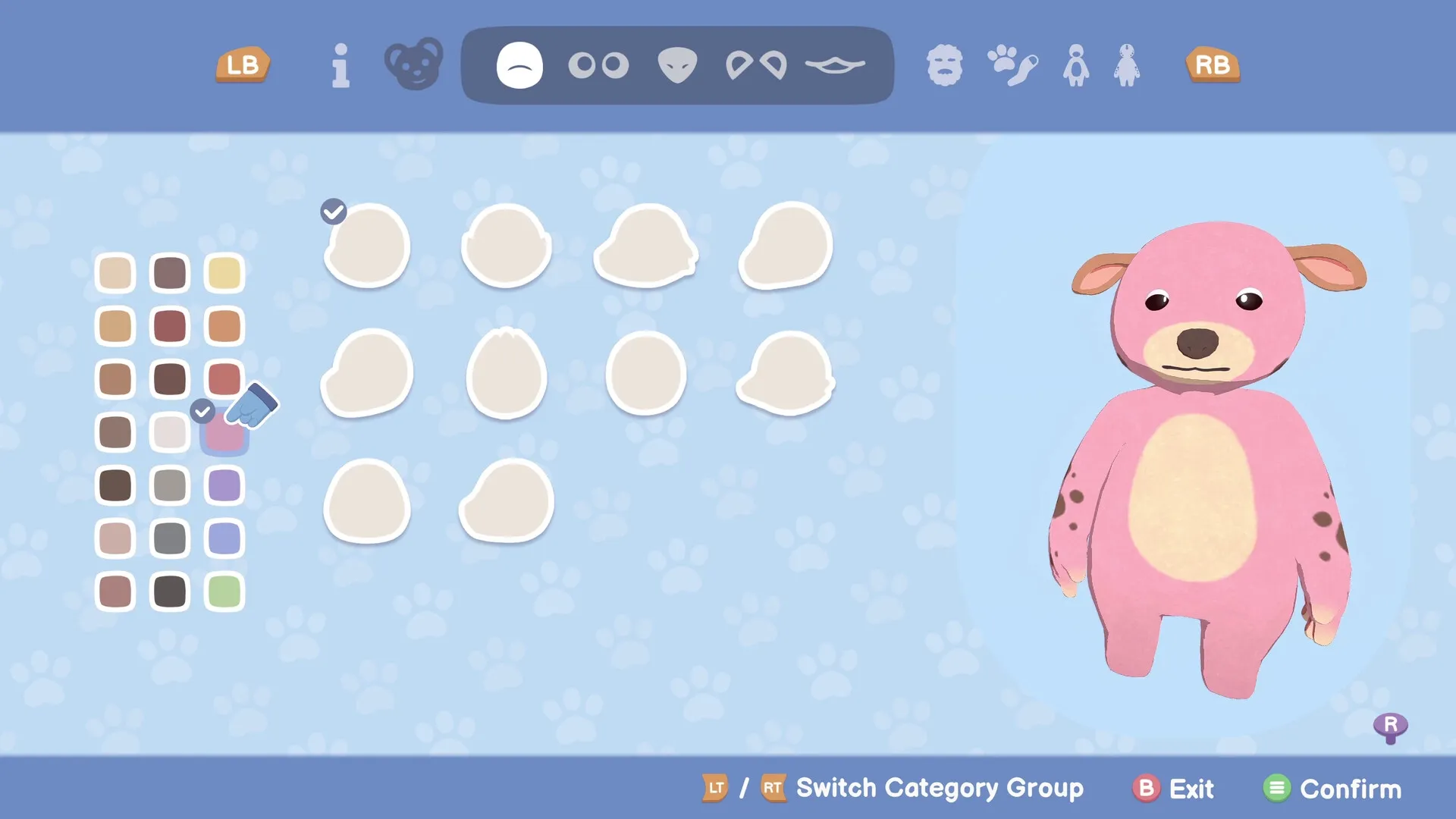 Locomoto: Character customization screen with pink bear avatar and color selection palette