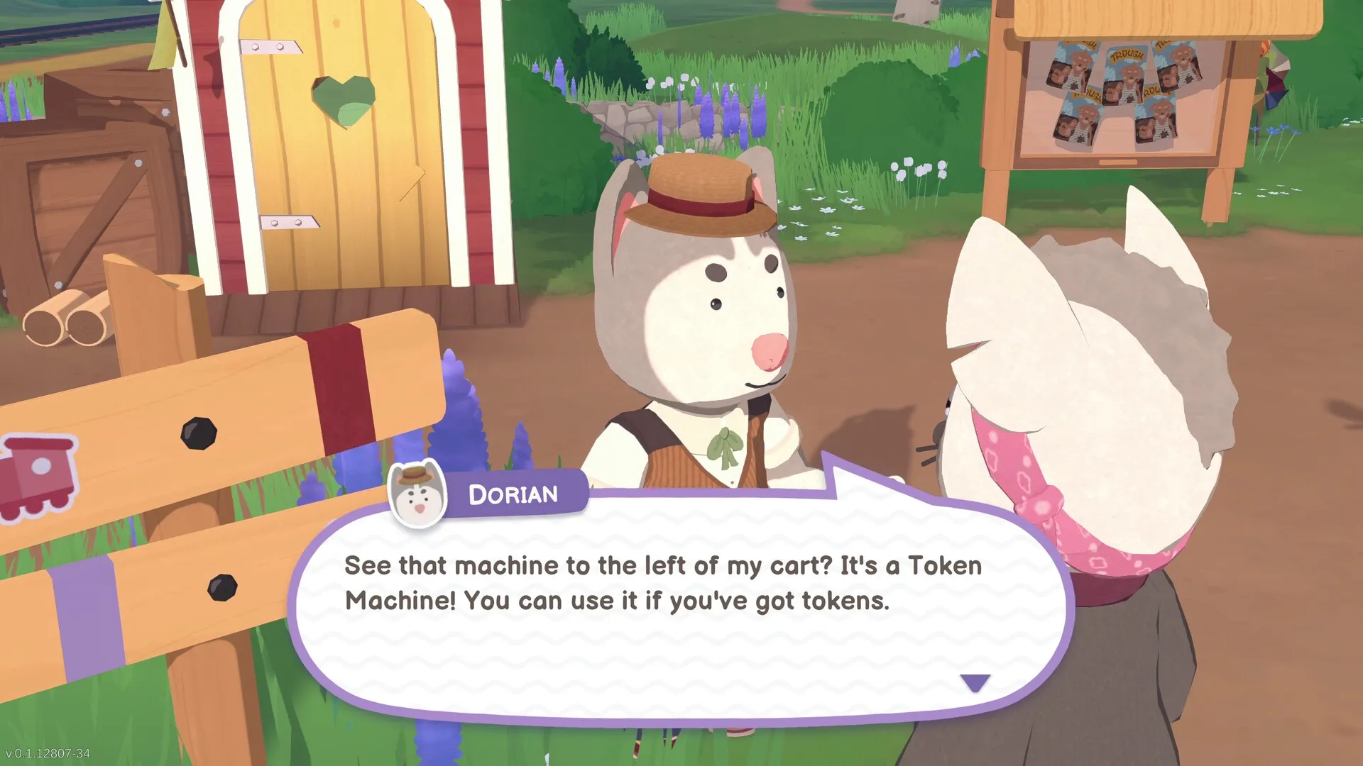 Locomoto: Dorian converses with another character near a wooden cabin and a signpost in a grassy area.