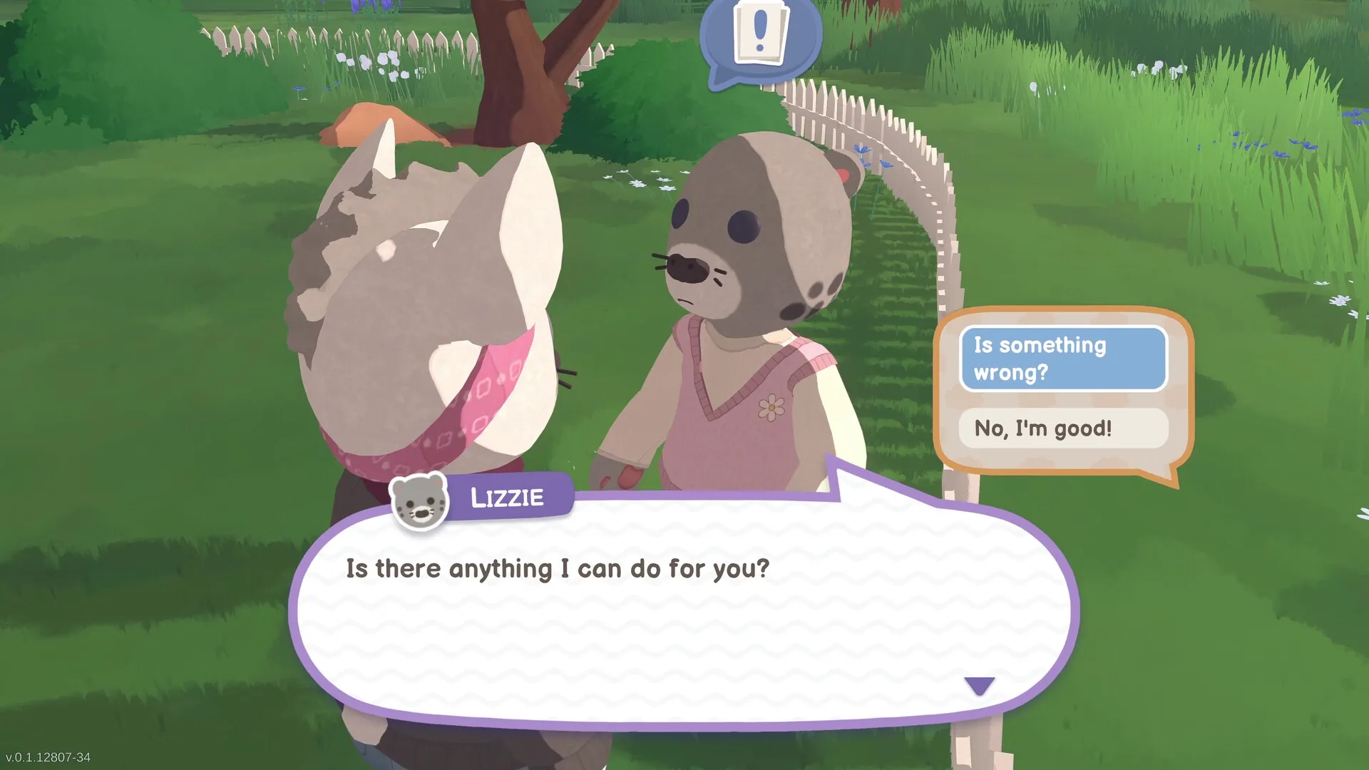 Locomoto: Conversation with Lizzie in a grassy area, dialogue options "Is something wrong?" and "No, I'm good!"