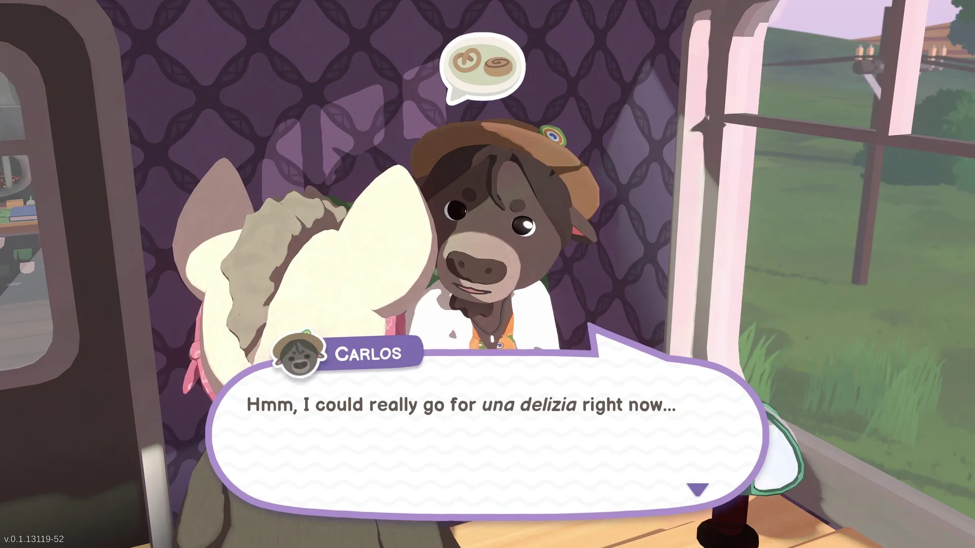 Locomoto: Carlos converses with a sheep character inside a cozy train compartment with countryside view.