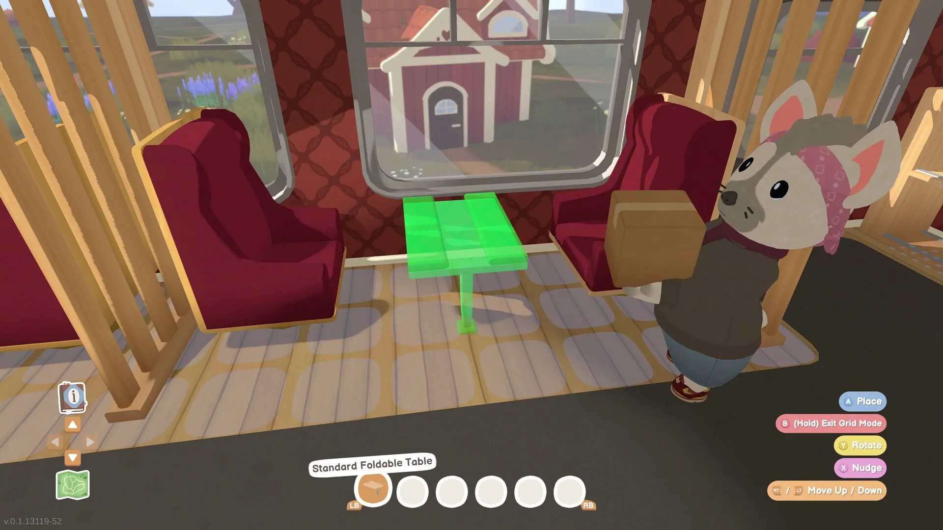 Locomoto: Mouse character holding box in train cabin with seating and foldable table placement UI visible