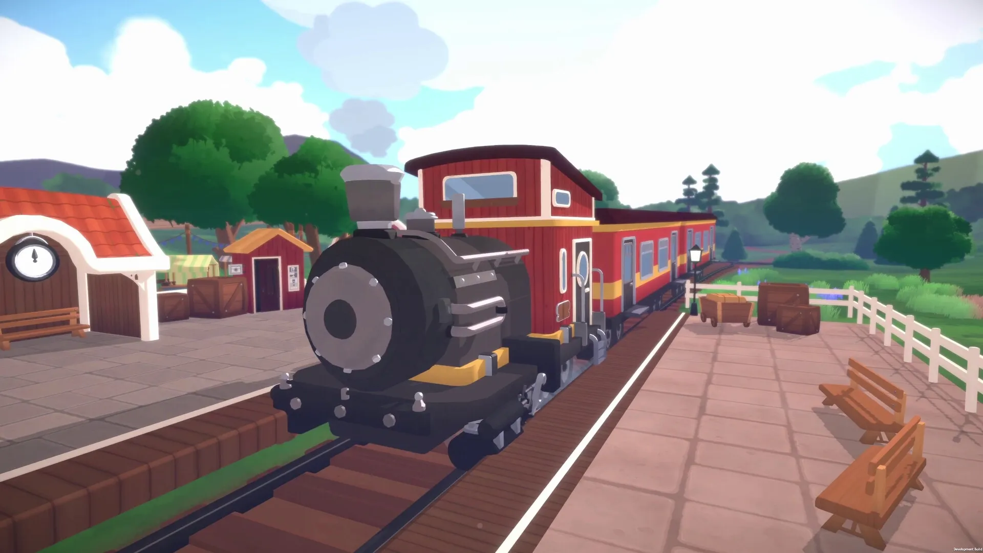 Locomoto: Colorful train at quaint station platform surrounded by lush greenery and charming buildings