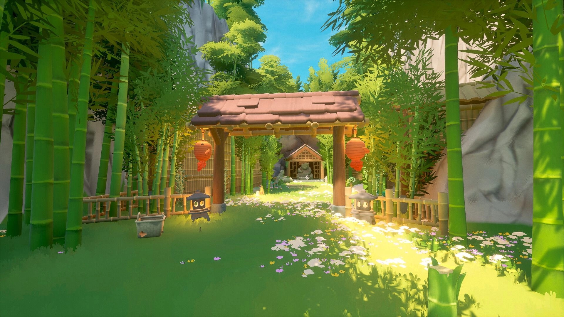 Loftia: Lantern-lit wooden gate and path through bamboo grove leading to a small shrine courtyard.