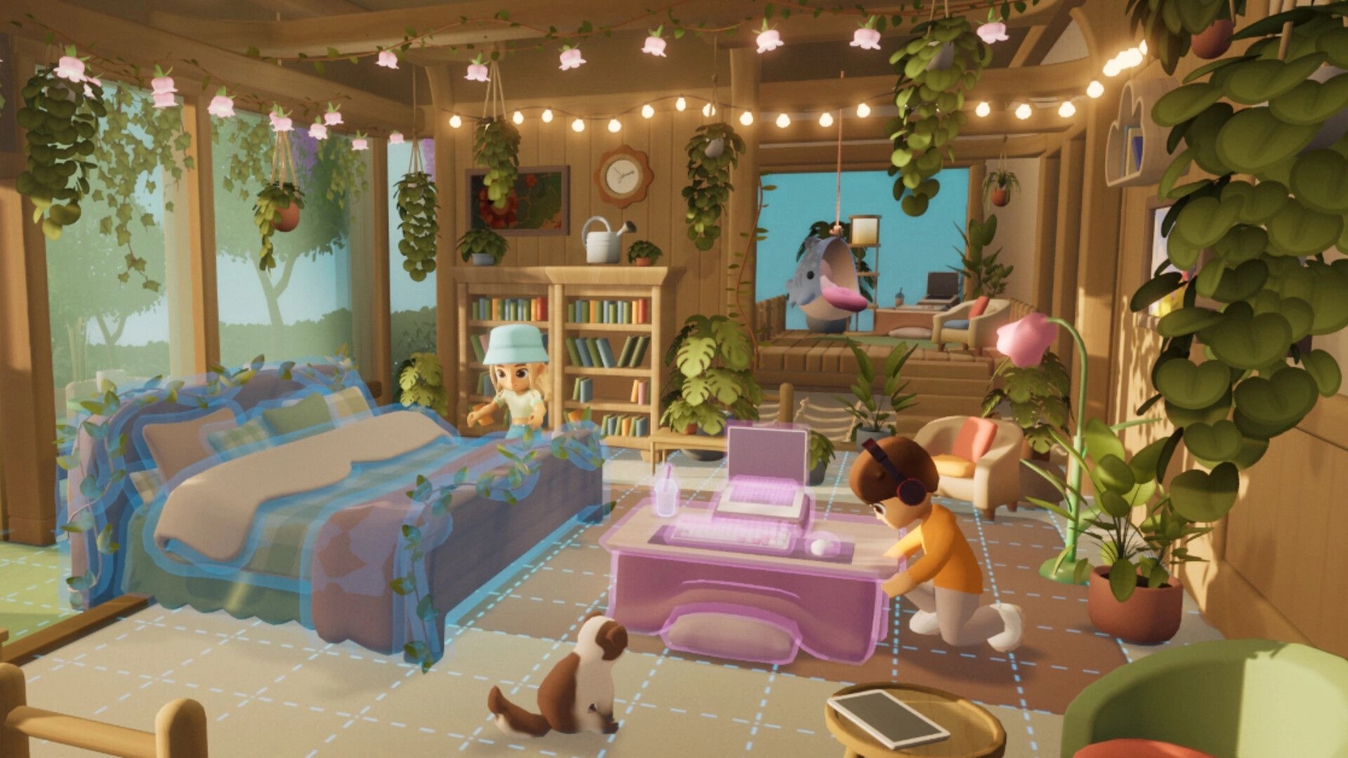 Loftia: Decorating mode with a highlighted desk and laptop in a plant-filled loft bedroom interior.