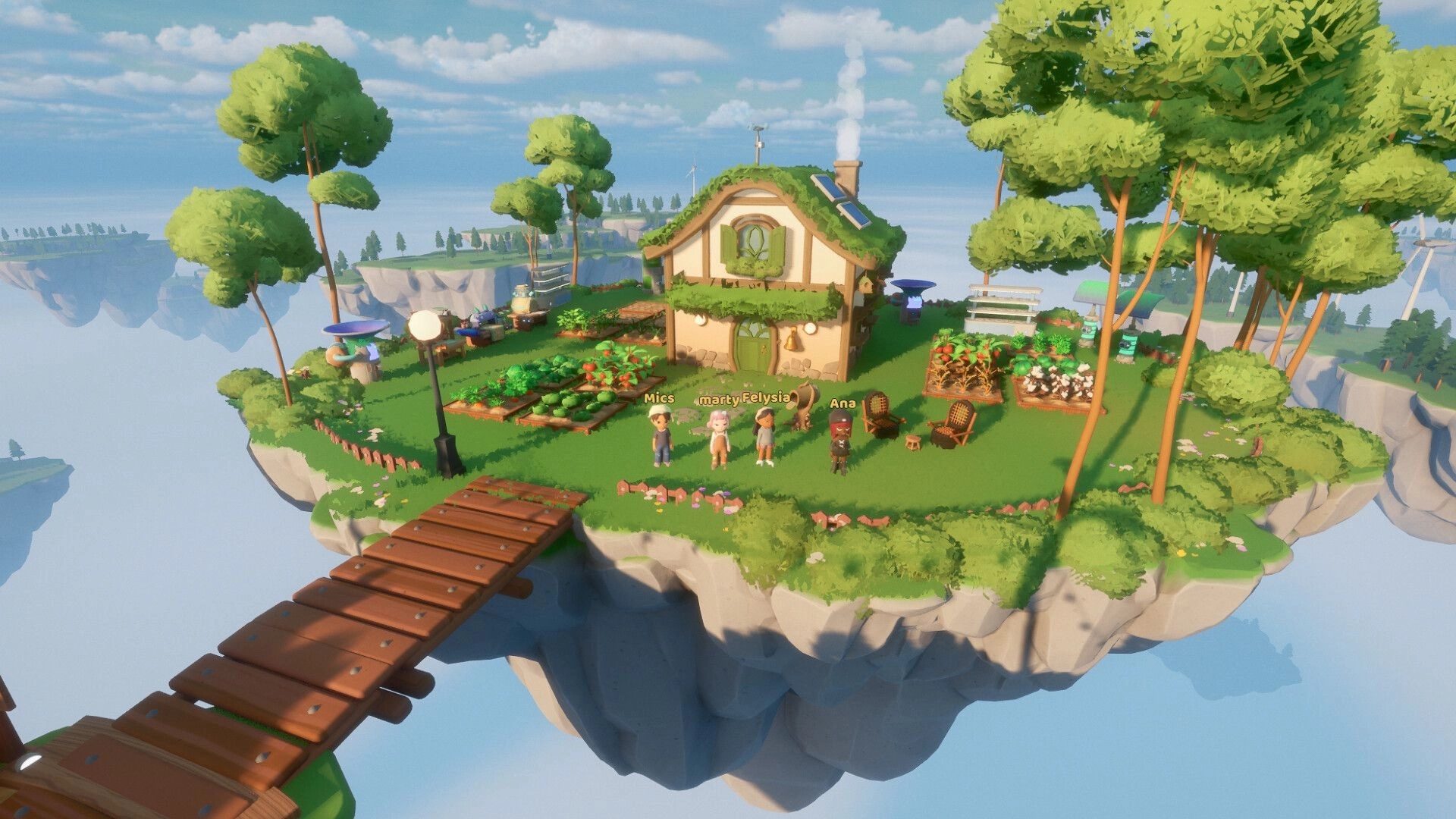 Loftia: Four players stand by garden plots and cottage on a floating island with trees and bridge.