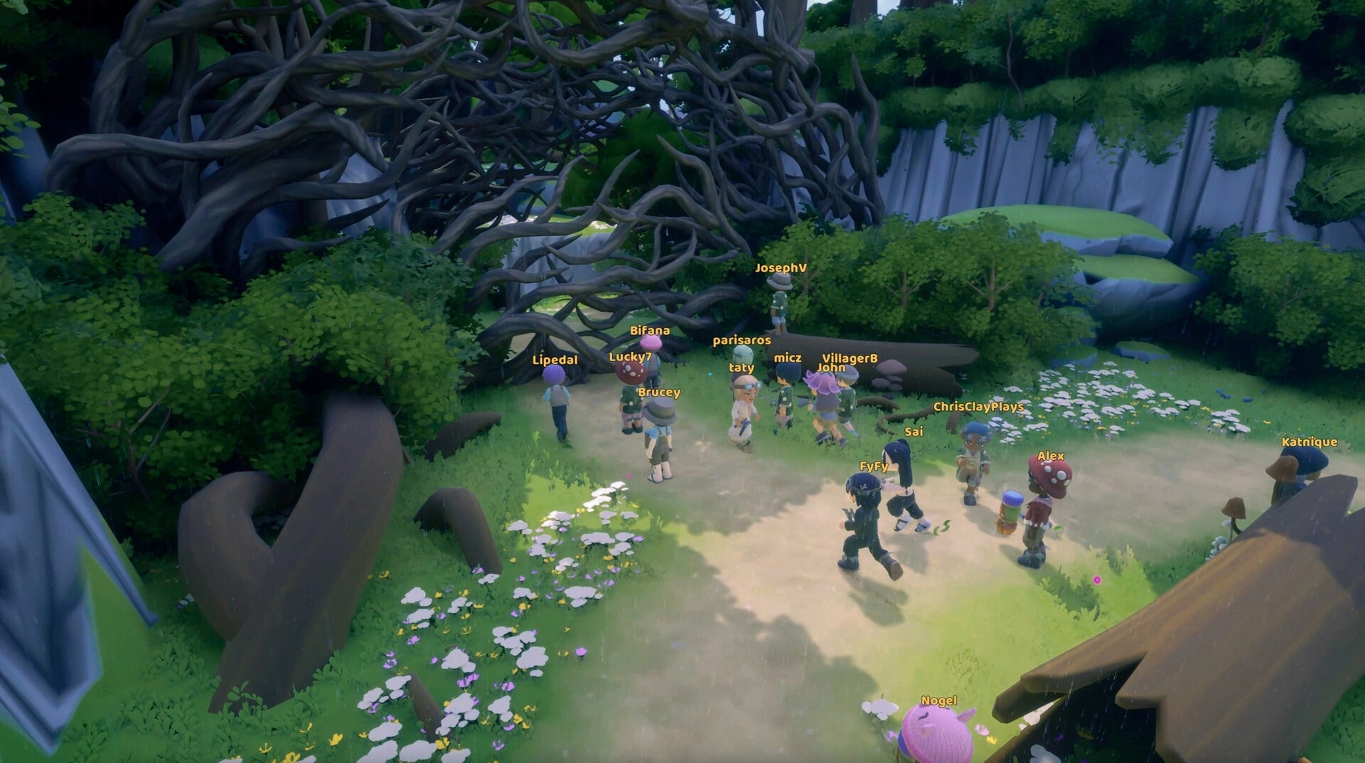 Loftia: Player avatars gather with name tags on a forest path under tangled roots and cliffs.