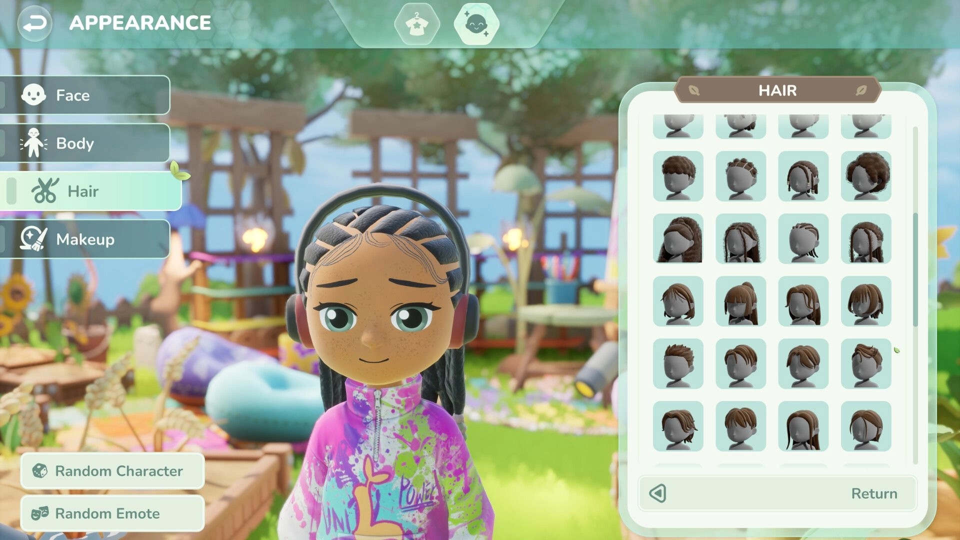 Loftia: Character appearance menu selecting hair styles for avatar in a bright outdoor plaza scene.