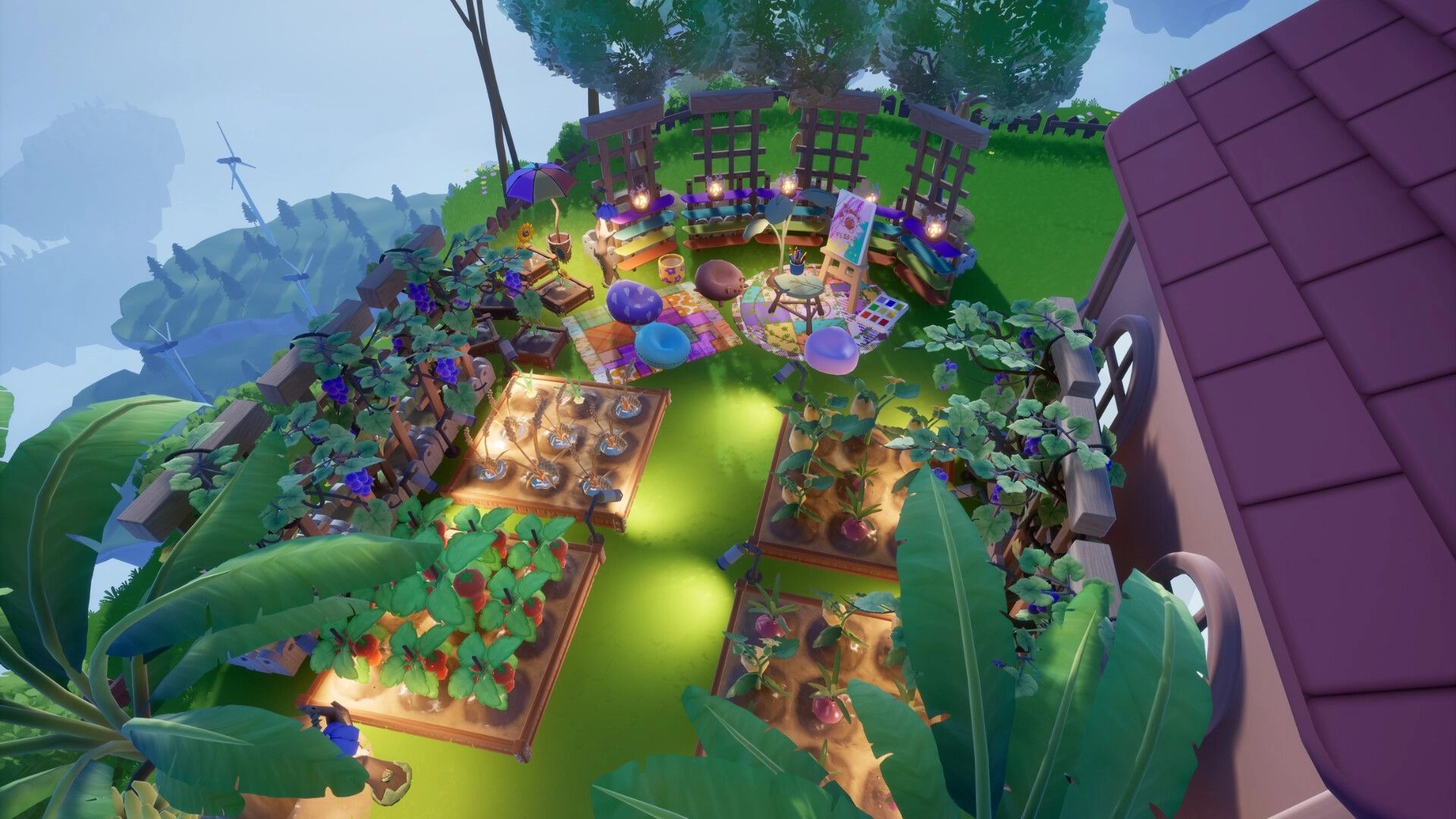 Loftia: Rooftop garden with crop beds and a cozy art nook on a grassy hill beside a house roof.