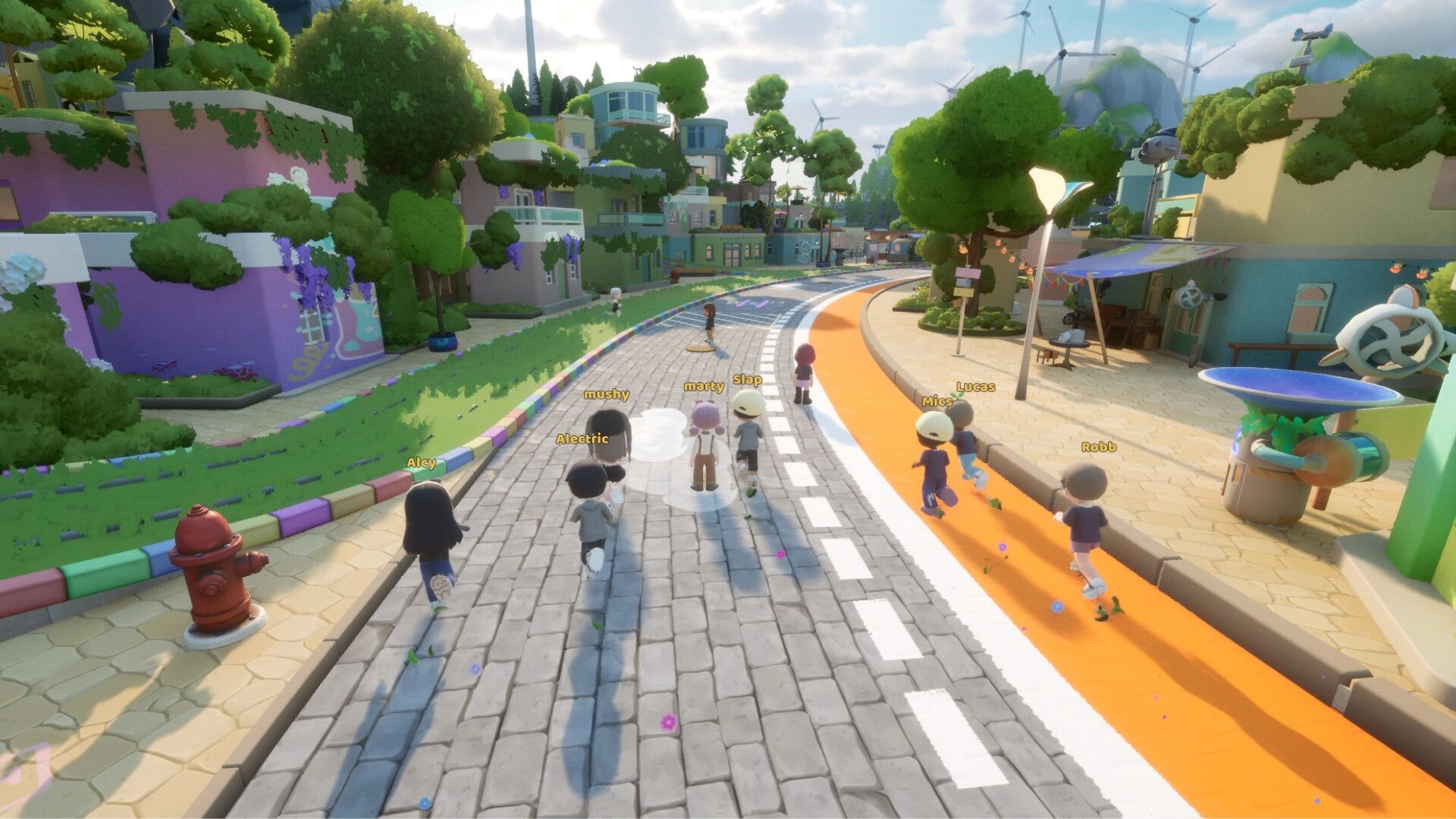 Loftia: Players with name tags jog down a curved street in a lush eco town with wind turbines.