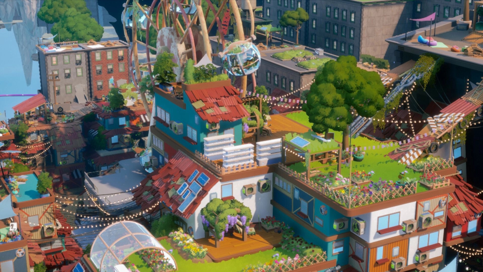 Loftia: Rooftop gardens and solar-paneled homes linked by string lights in a dense sky city hub.