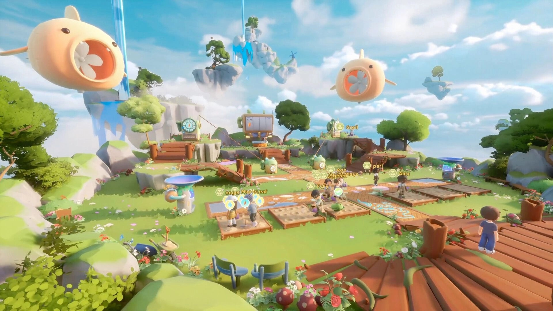 Loftia: Players gather on garden plots with name tags on a floating island with blimps overhead.