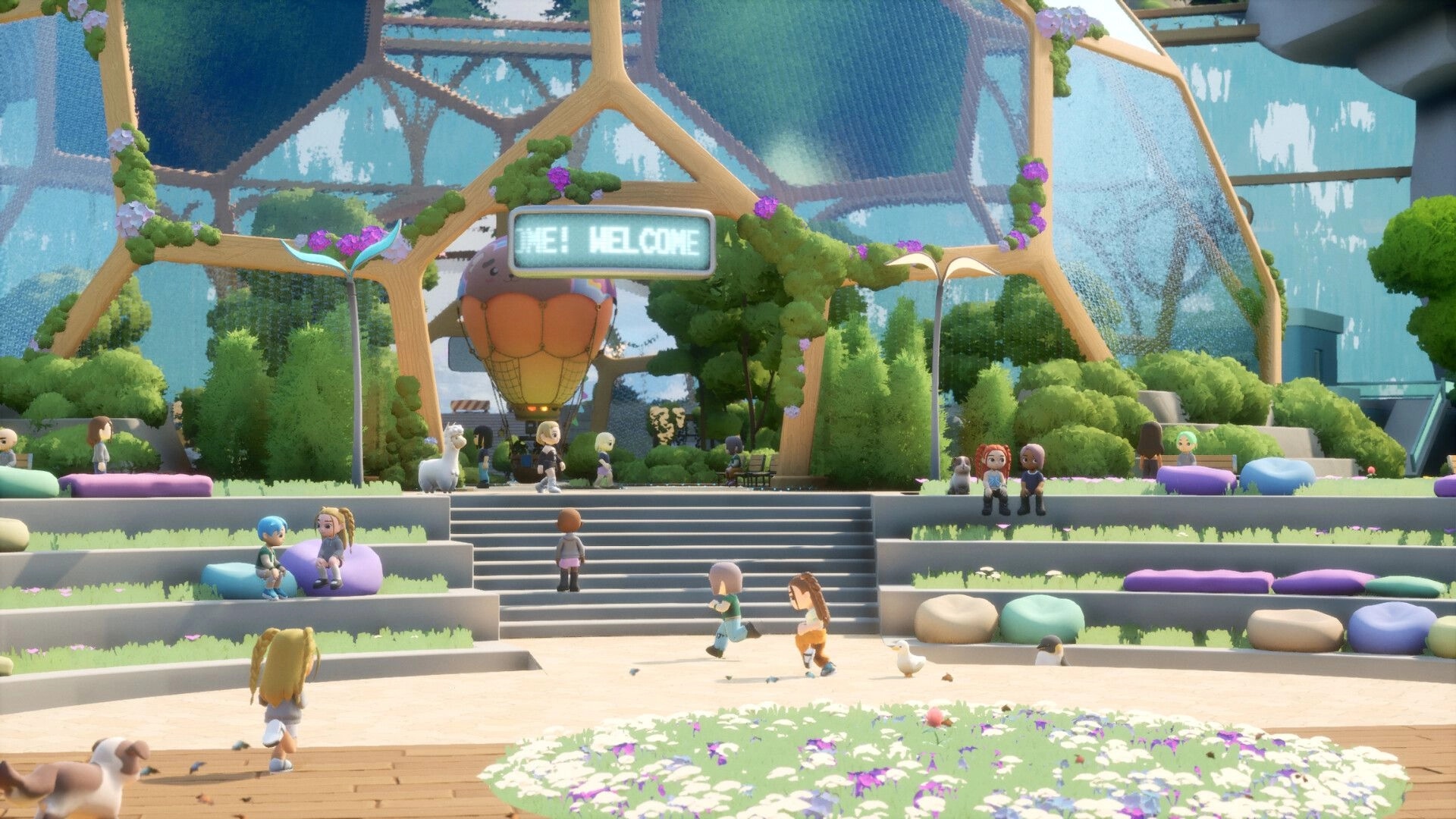 Loftia: Players gather by amphitheater steps under a WELCOME sign in a lush eco city plaza.