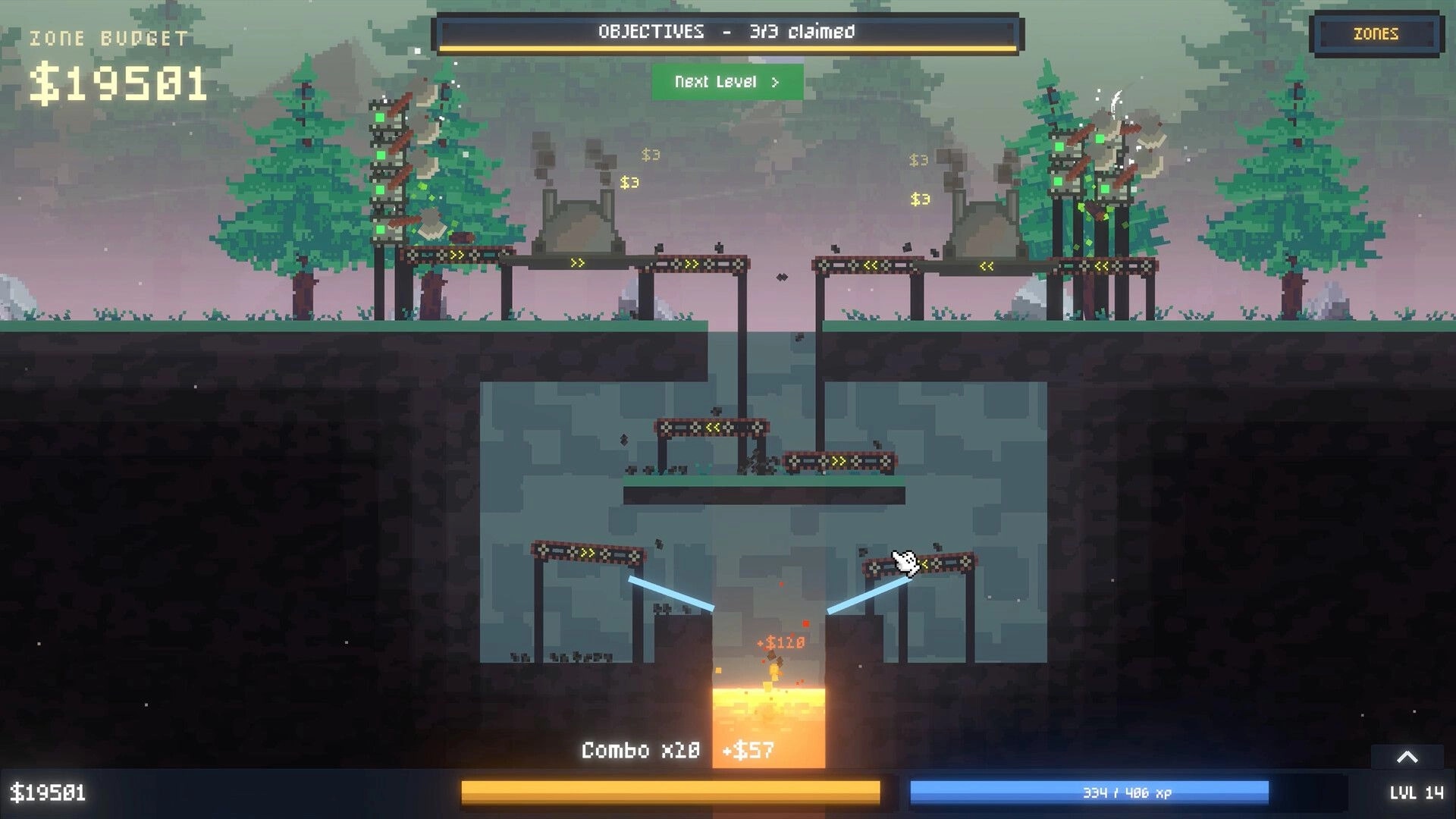 Log Drop: Conveyor log routes feeding a glowing core pit in a forest level with budget and XP UI.