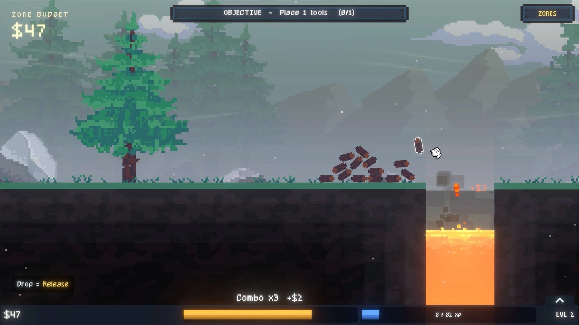 Log Drop: Dropping logs into a glowing core pit with combo meter and budget UI in misty forest map.