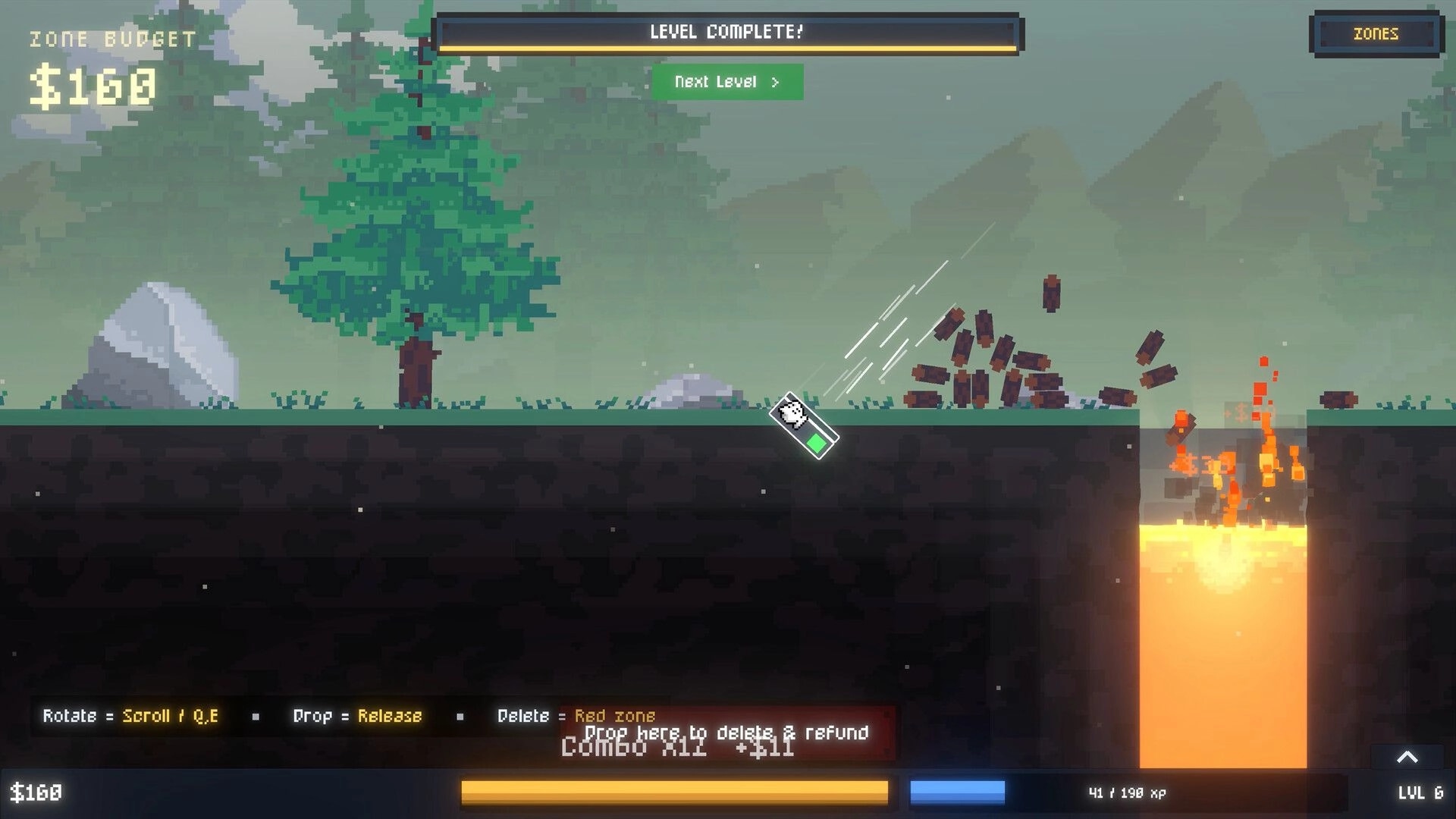 Log Drop: Level complete screen with logs tumbling toward a glowing lava core in a forest zone.