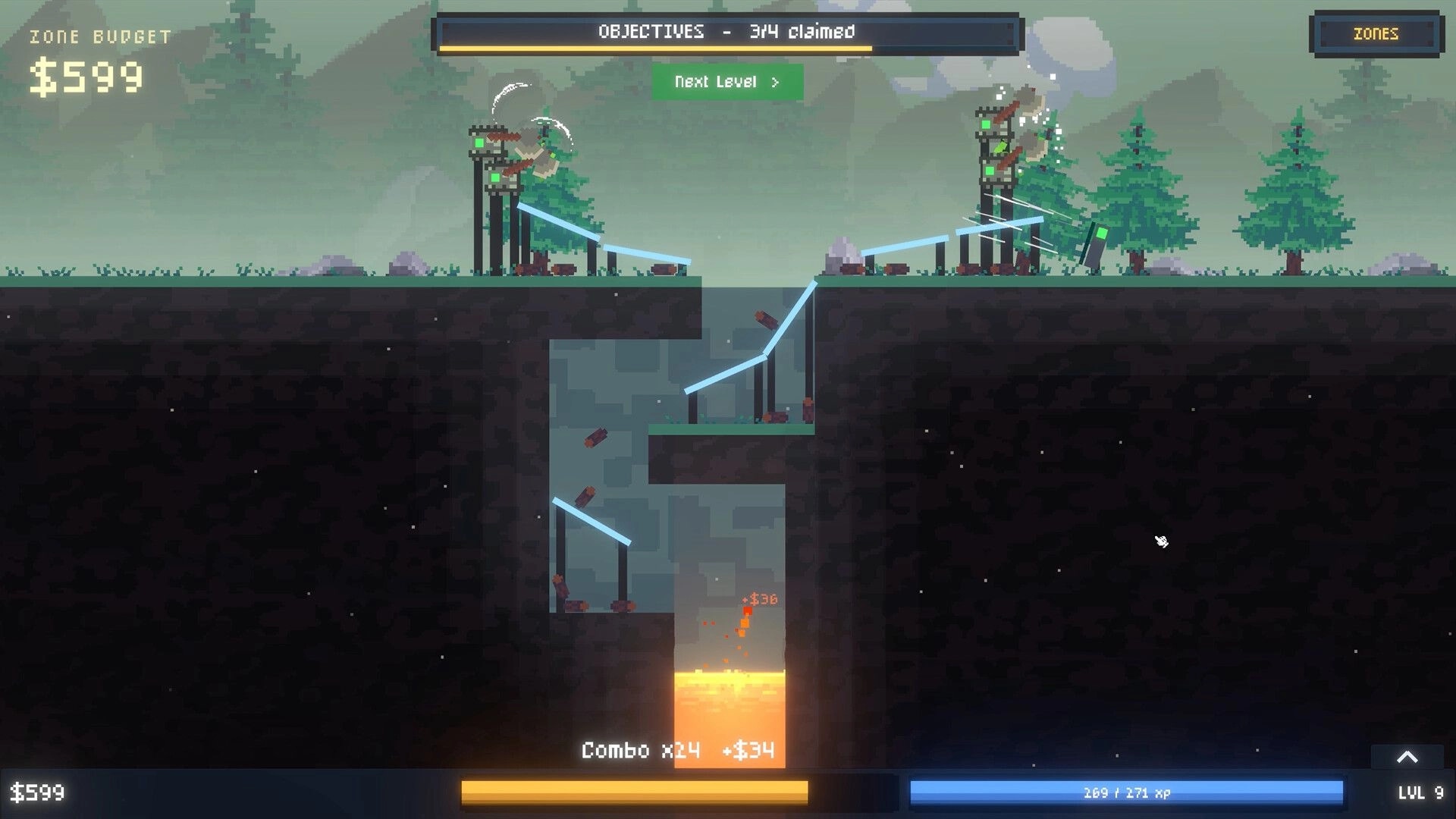 Log Drop: Logs slide down blue ramps into a lava core pit, forested cliffs with objectives UI.