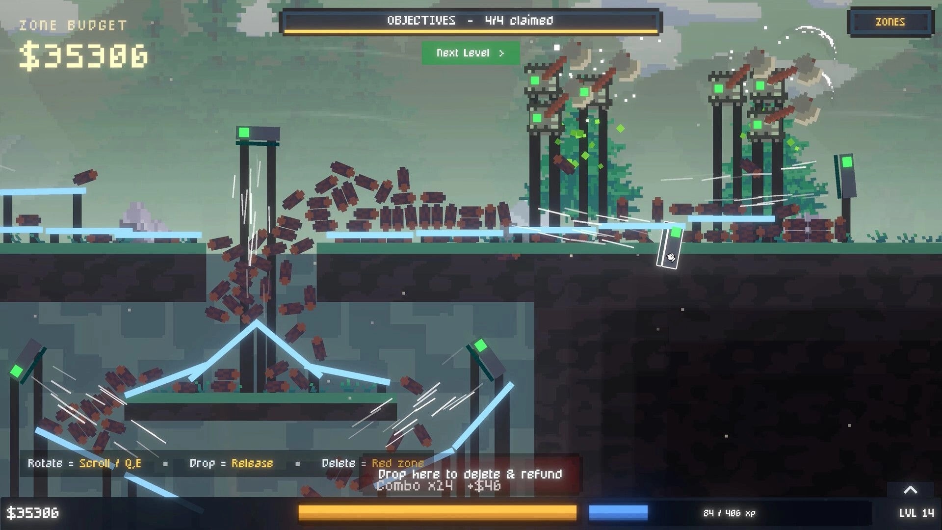 Log Drop: Logs tumble through blue ramps and crushers in a build zone with budget and objectives UI.