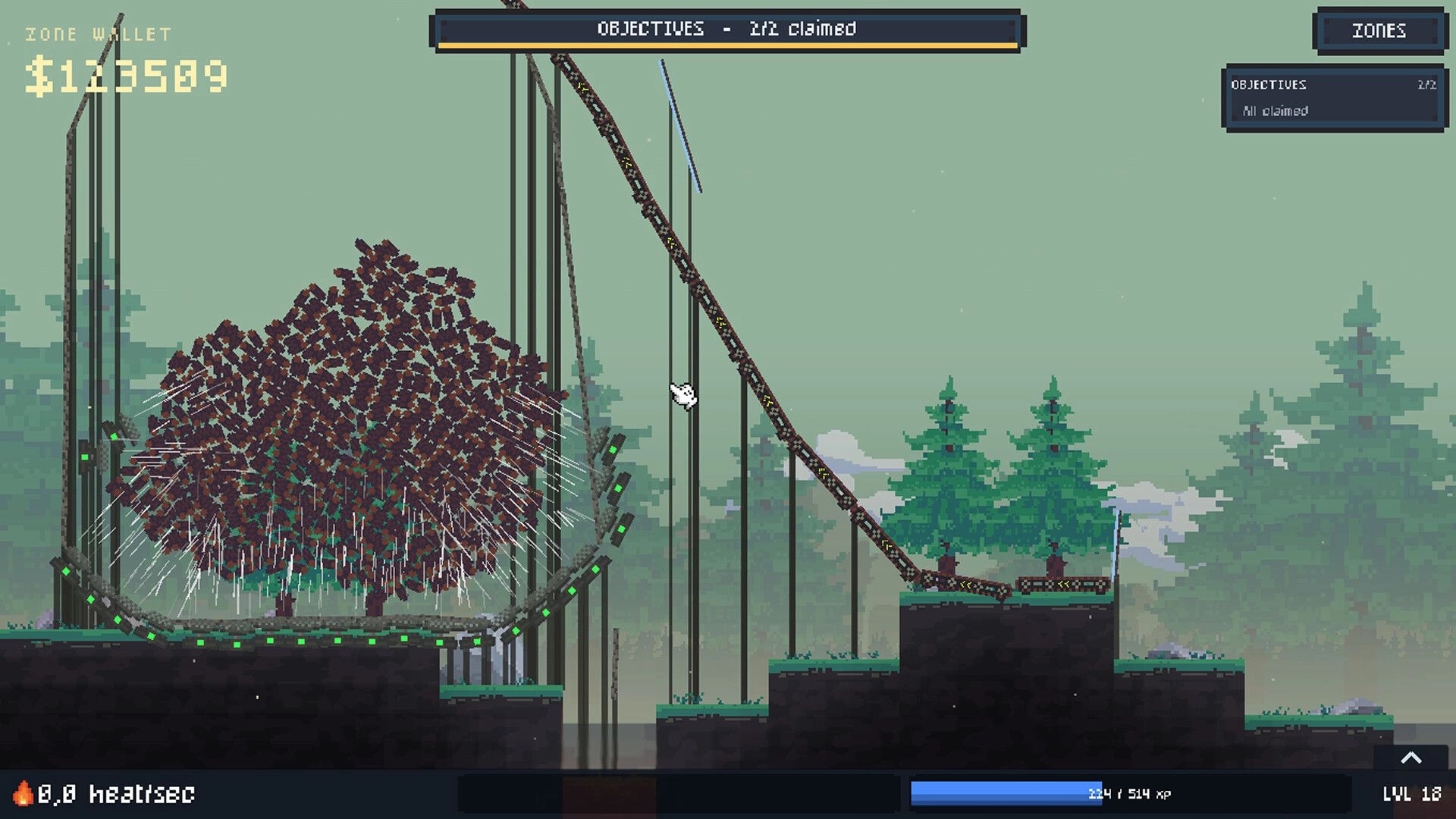 Log Drop: Massive log pile in a funnel ramp system with objectives bar and zone wallet UI in forest.