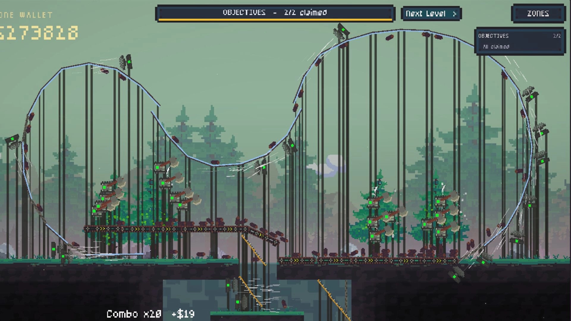 Log Drop: Logs cascade through looping conveyor track and saws in forest zone with objectives UI bar.