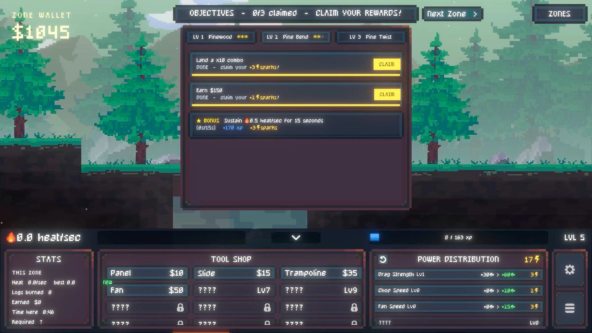 Log Drop: Objectives and reward claim menu over pine forest zone with tool shop and stats UI below.