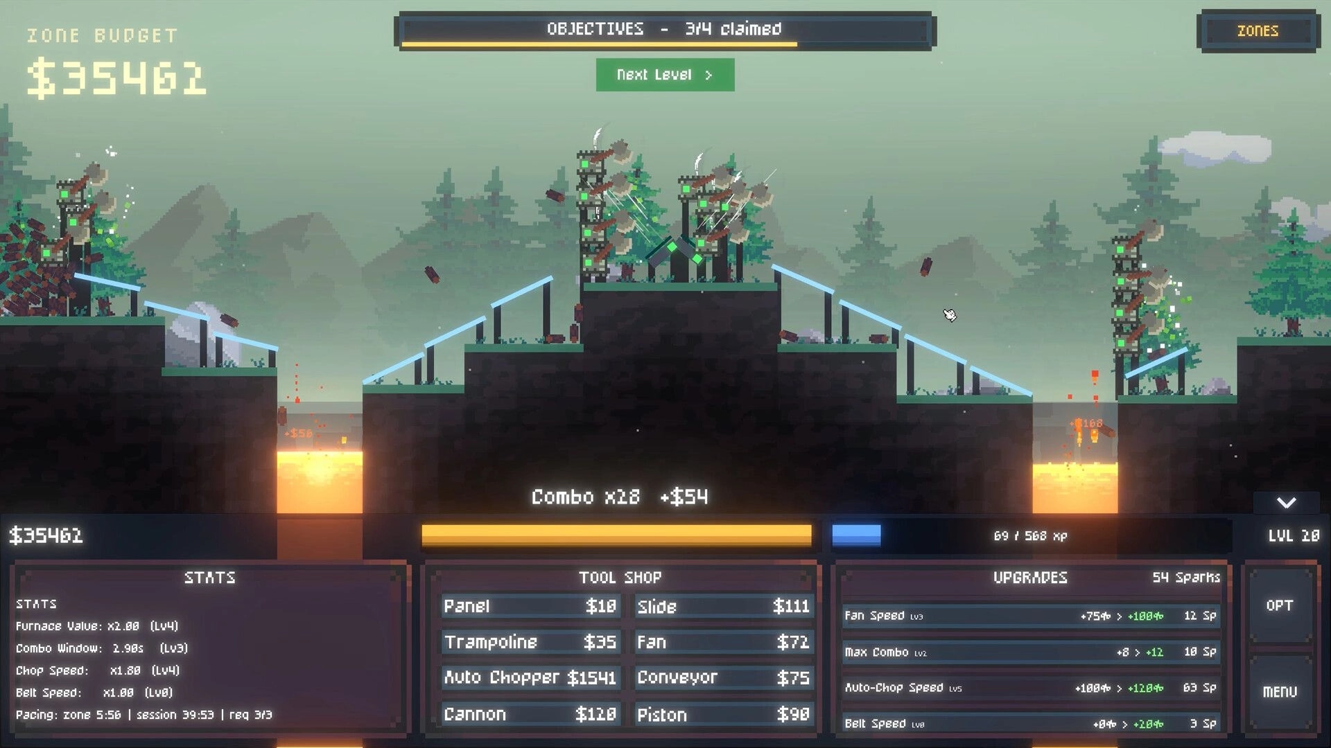 Log Drop: Logs flying through ramps and choppers toward lava cores, with tool shop and upgrades UI open.