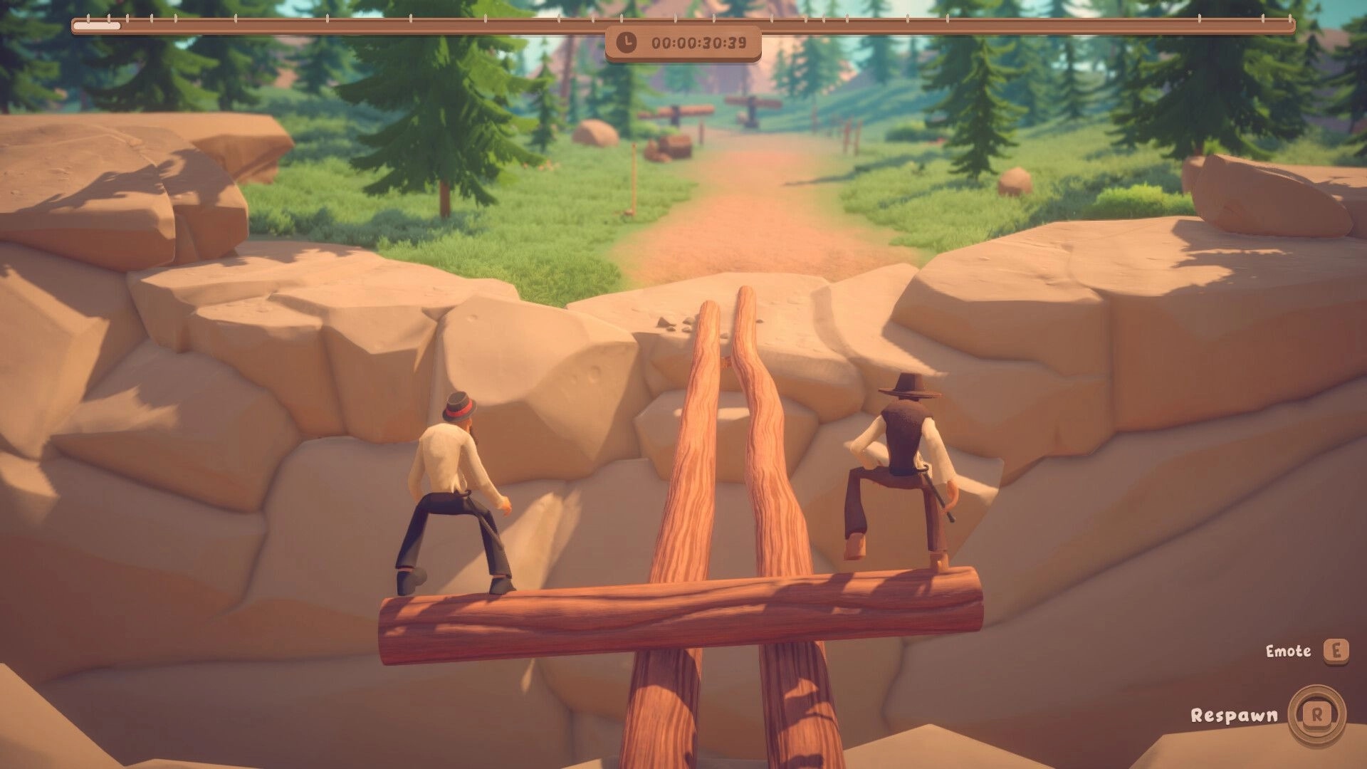 Log Riders: Two lumberjacks balance on a log bridge over a canyon in a sunny forest trail level.