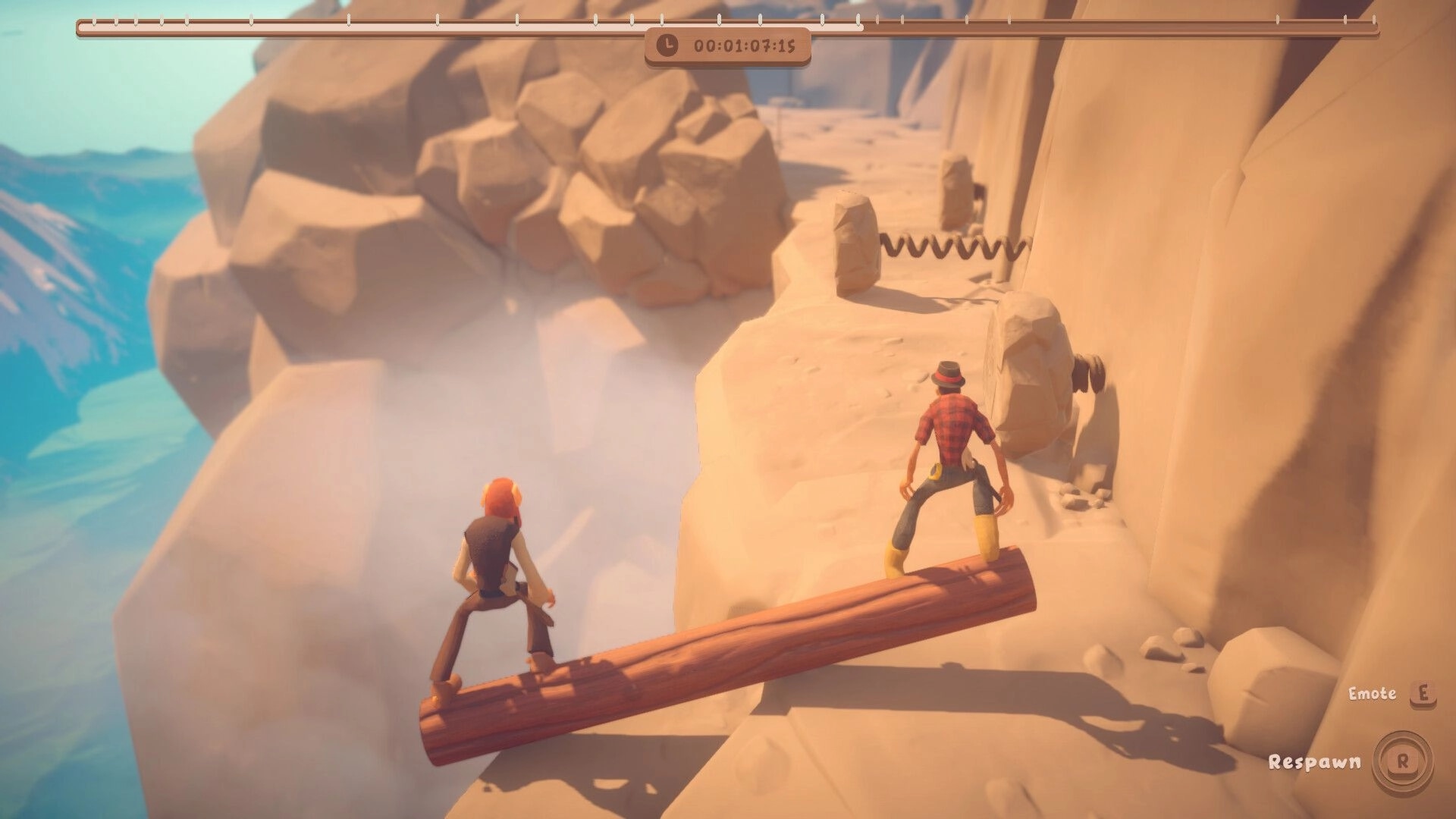 Log Riders: Two lumberjacks balancing on a log on a cliff path with timer bar and emote UI in view.